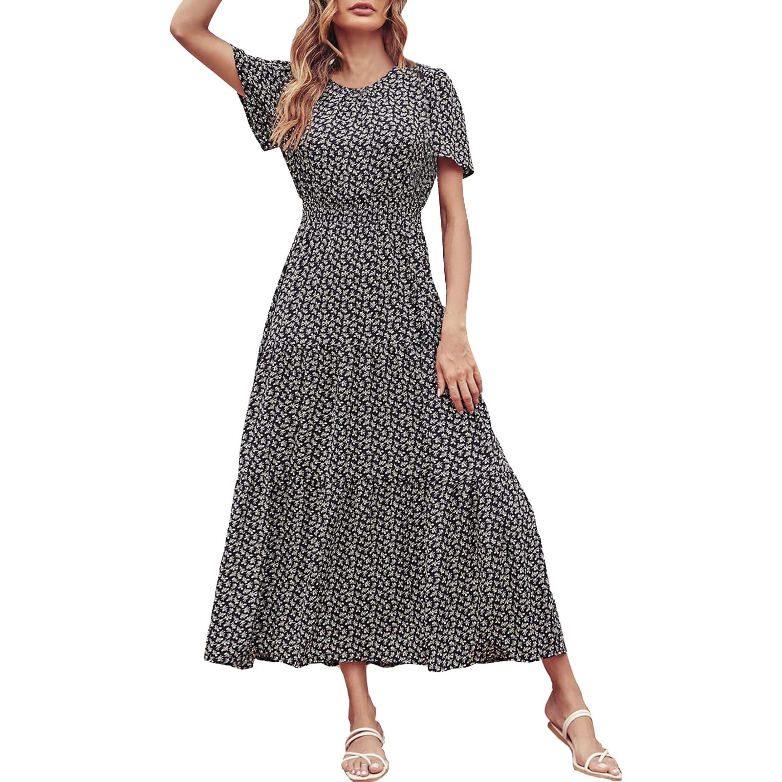 Women's Summer Boho Floral Maxi Dress - Short Sleeve Smocked Elastic Waist Tiered Sun Dress in Pink | Perfect for Beach Vacations, Music Festivals & Casual Outings