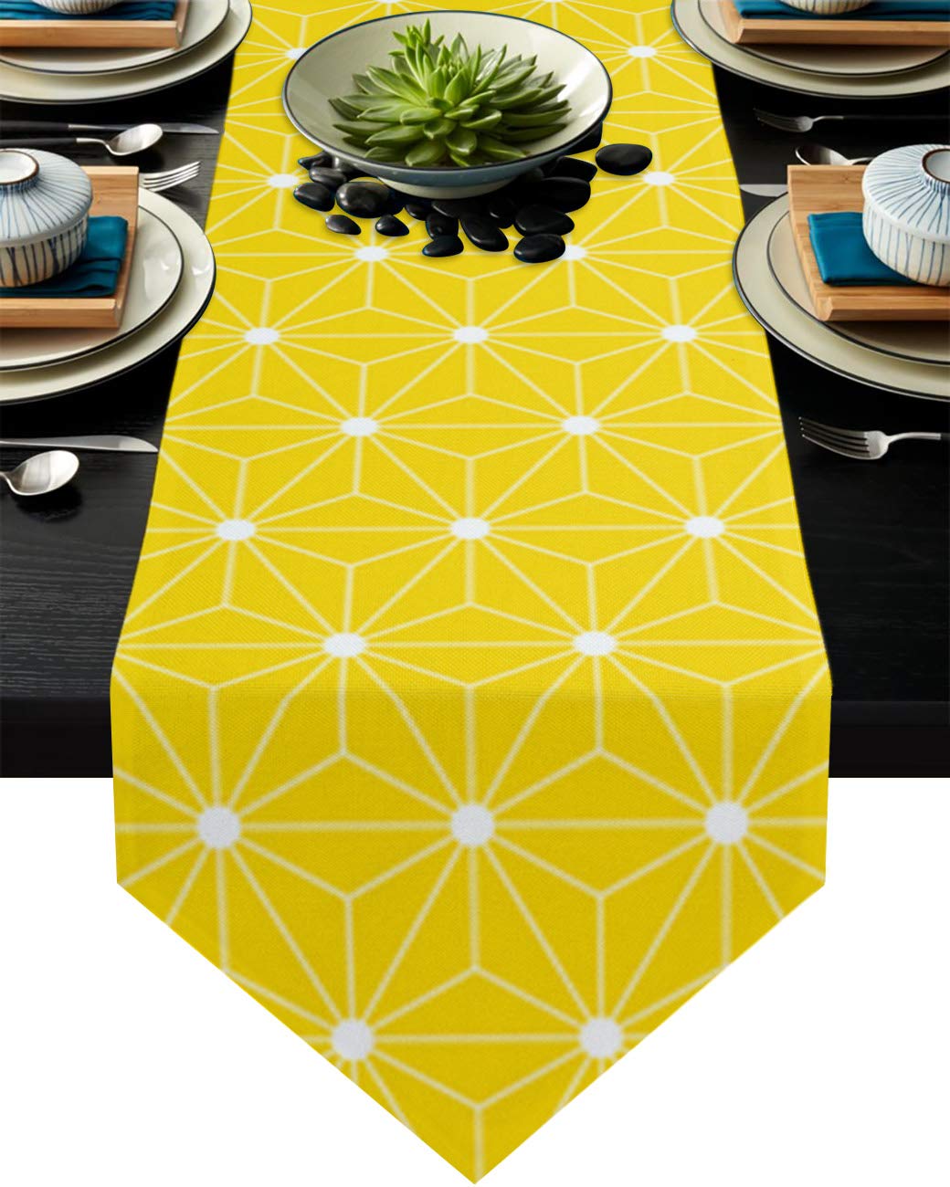 COLORSUM Modern Burlap Dining Table Runner - Abstract Geometric Triangle Cube Design in Yellow & White - Extra Long 16x72 Inch - Perfect for Coffee Gatherings, Holiday Dinners & Party Decorations - Ideal for Farmhouse, Rustic & Contemporary Dining Tables