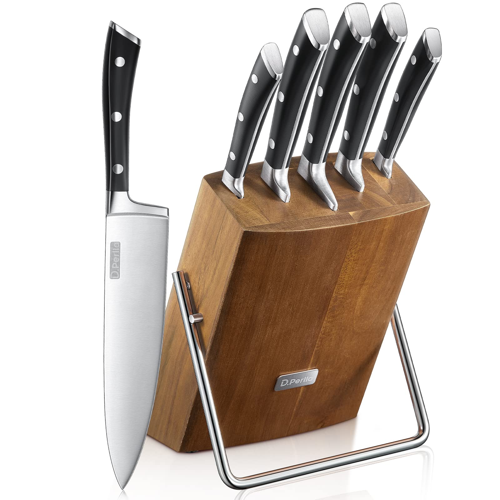 D.Perlla 6-Piece German Stainless Steel Kitchen Knife Set with Wooden Block - Razor Sharp Chef Knives for Slicing, Dicing & Food Prep - Perfect for Home Cooking & Professional Kitchens