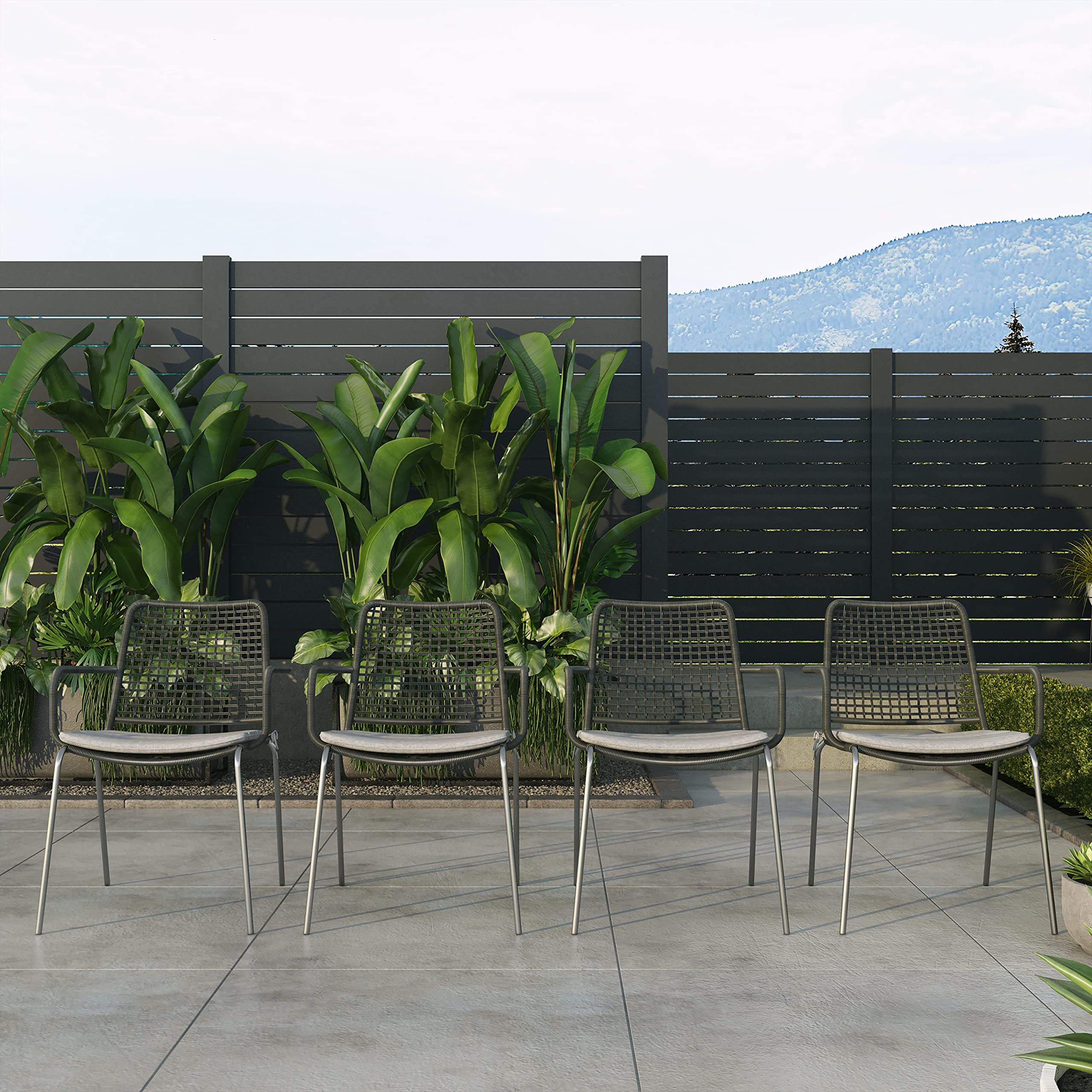 Premium 5-Piece Teak Finish Eucalyptus Wood Patio Furniture Set - FSC Certified Outdoor Dining Table & Chairs for 4 - Black Round Backyard Dining Set for Garden, Deck, Poolside & Patio Entertaining