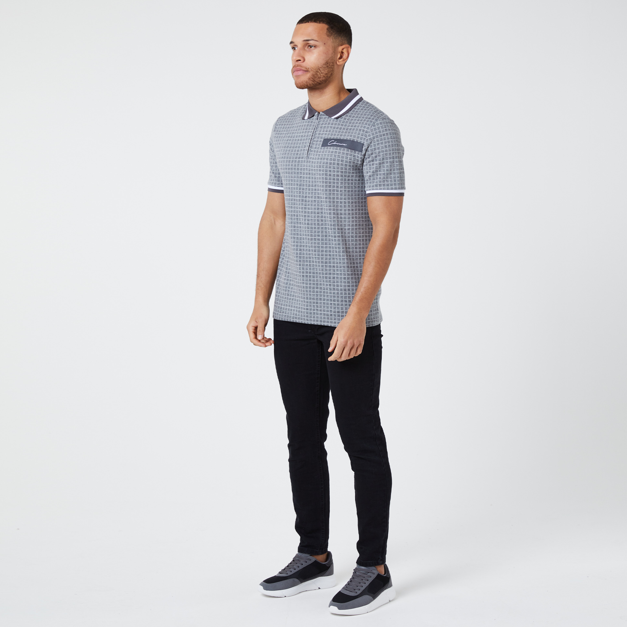 Stylish Contrast Square Jacquard Polo Shirt for Men - Classic Grey | Perfect for Casual Wear, Office & Outdoor Activities