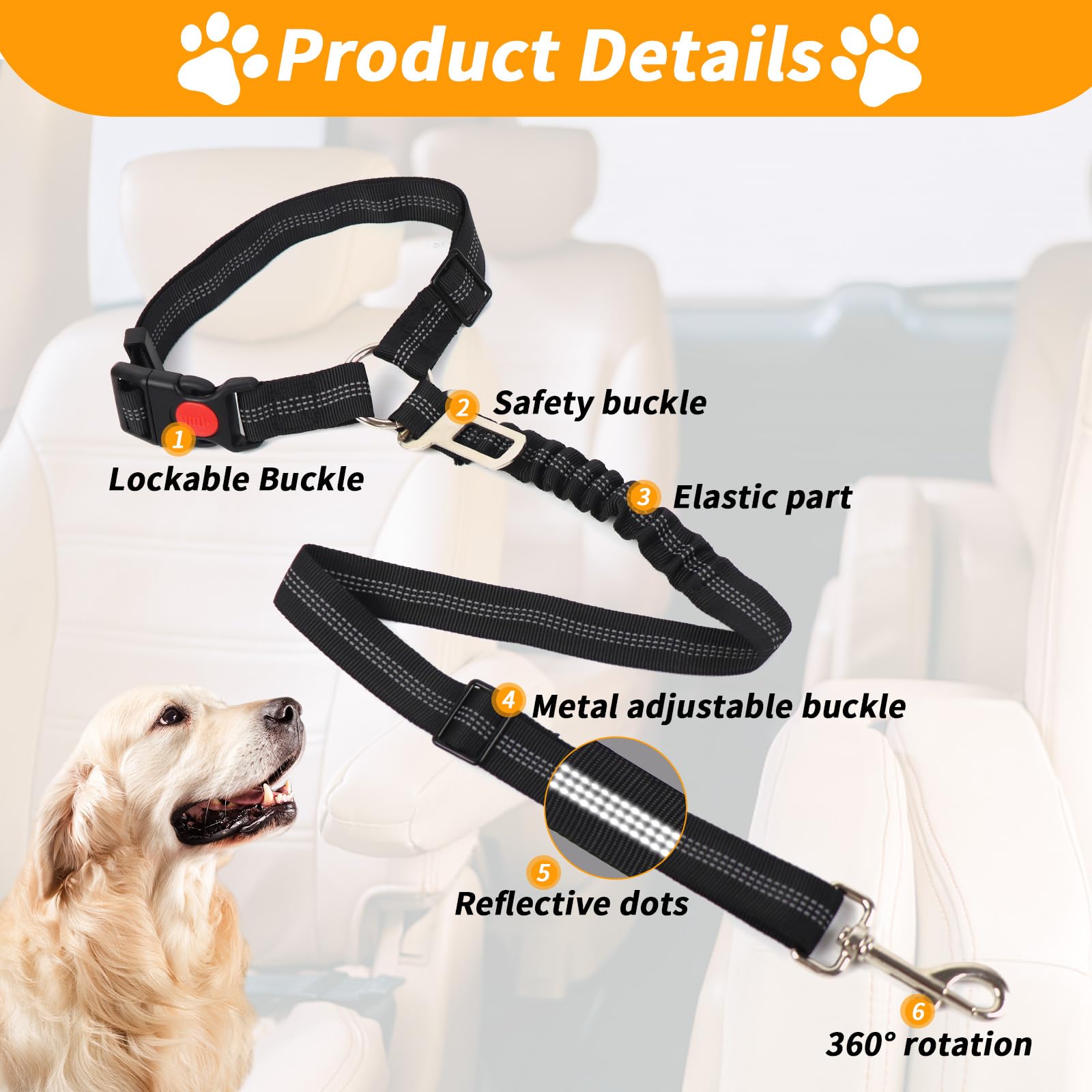 4-in-1 Dog Car Safety Set - Adjustable Pet Seat Belt Harness with Removable Hardest Seatbelts, Retractable Vehicle Headrest Restraint - Includes Poop Bags & Travel Dog Bowl (Black) - Perfect for Road Trips, Vet Visits & Daily Commutes with Your Pet