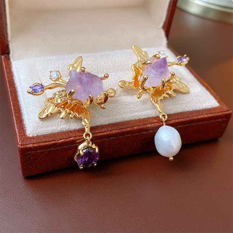 Elegant Asymmetric Freshwater Pearl Lilac Dangle Earrings for Women | HE13762 | Perfect for Weddings, Parties & Special Occasions