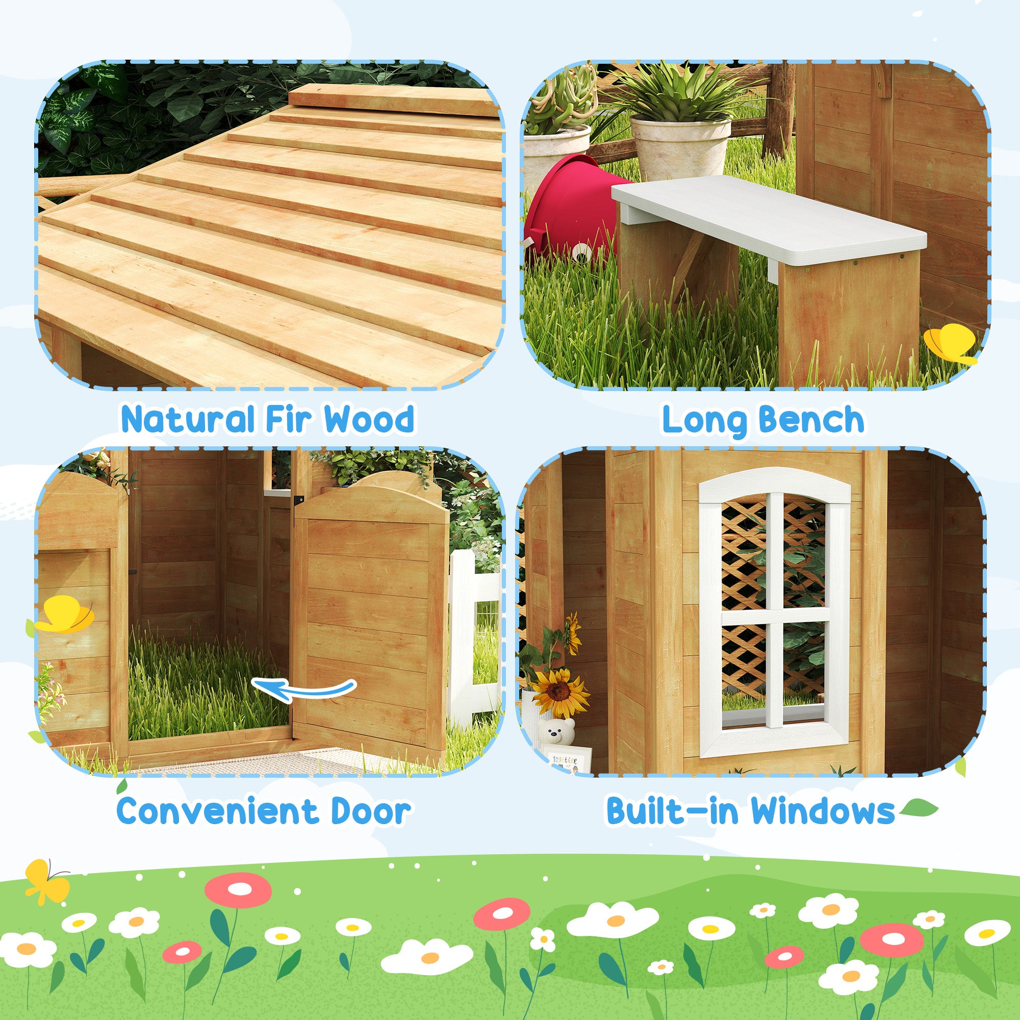 Outsunny Wooden Kids Playhouse with Door, Windows, Mailbox & Flower Pot Holder - Outdoor Playhouse with Serving Station & Bench for Backyard, Garden (Yellow) - Perfect for Pretend Play, Outdoor Fun & Imaginative Games