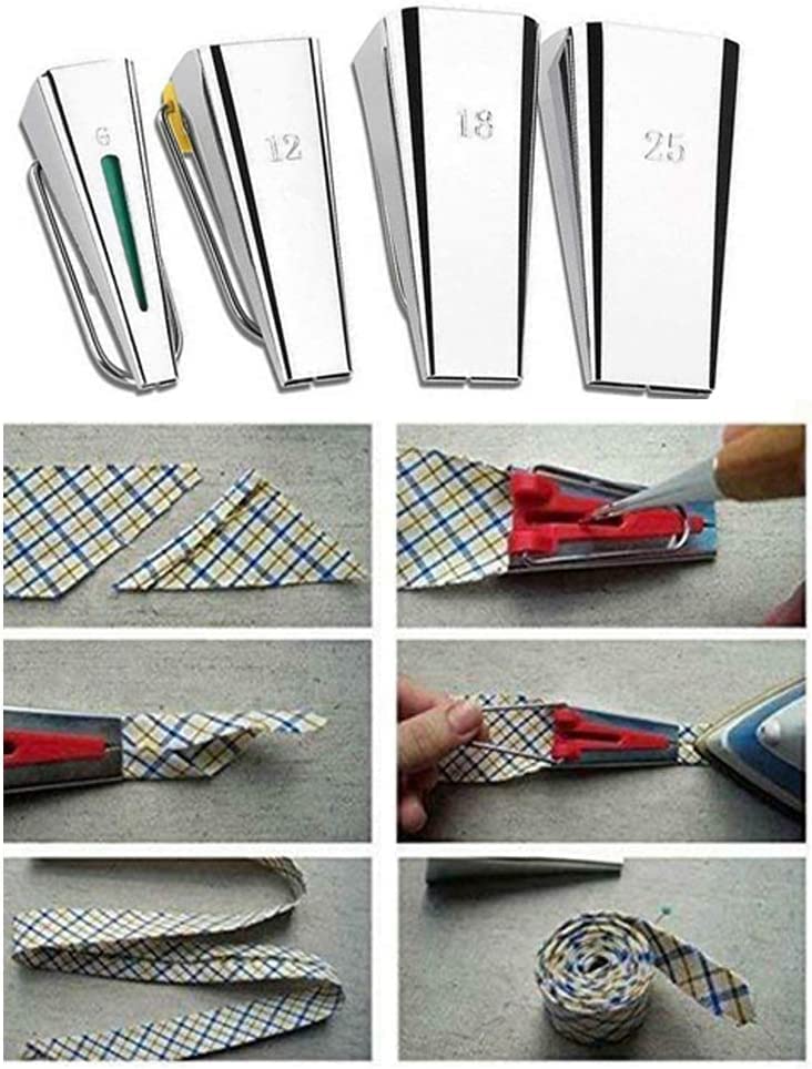 4-Piece Bias Tape Maker Set (6mm, 12mm, 18mm, 25mm) - Sewing Bias Binding Tool for DIY Quilting, Patchwork & Fabric Crafts - Perfect for Hemming, Binding Edges & Dressmaking Projects