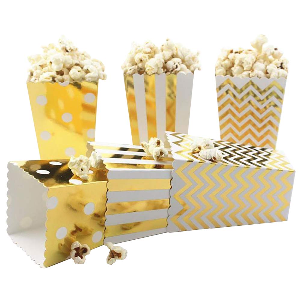 36 Pcs Popcorn Boxes - Cardboard Candy Containers & Treat Cartons for Movie Night, Birthday Party, Carnival Snacks - Golden Popcorn Bags, Cups & Buckets