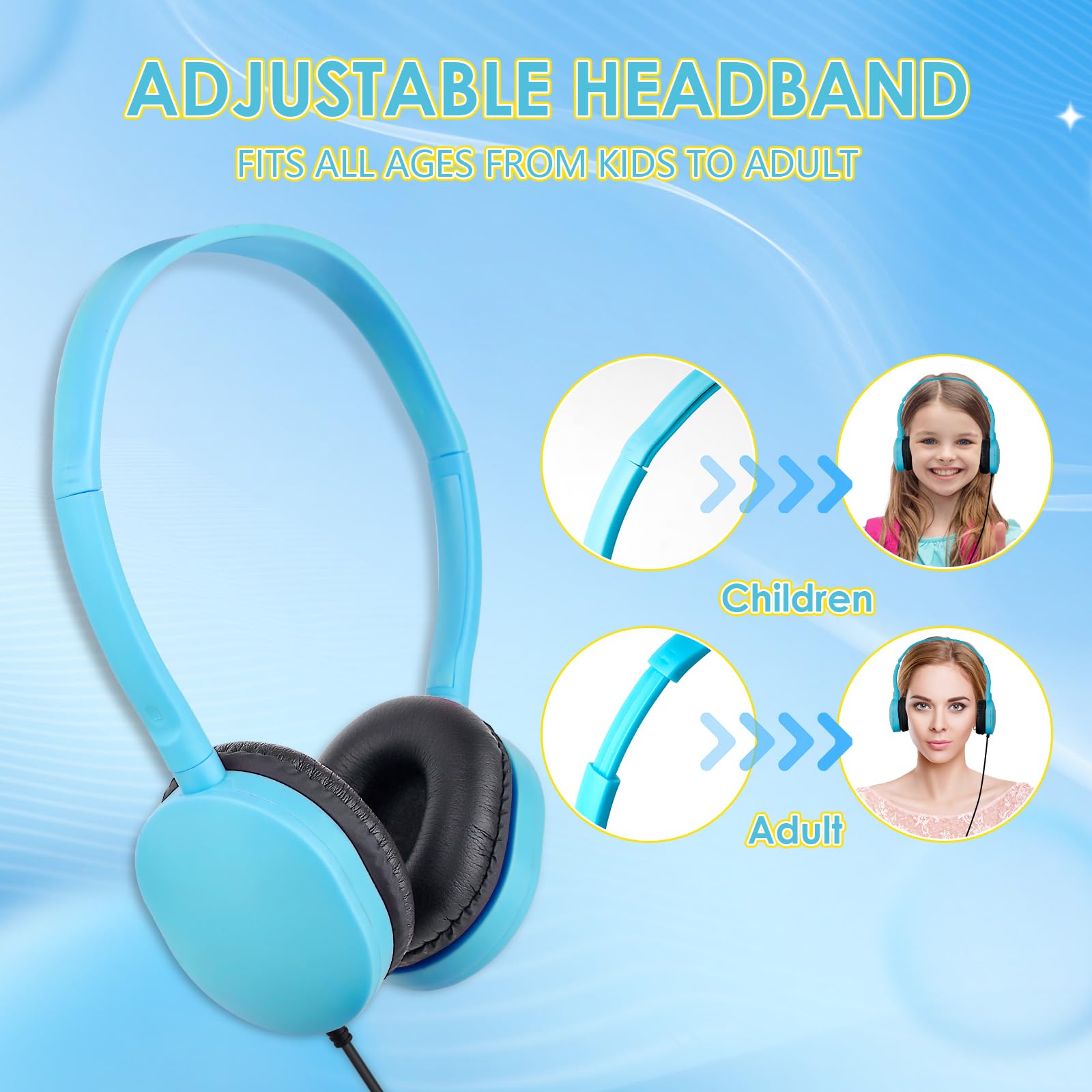 100 Pack Bulk Classroom Headphones for Kids - Durable School Headphones for Students, Children, Toddlers, Boys, Girls, Teens & Adults (10 Color Options) - Perfect for Classroom Learning, Online Education & Computer Labs