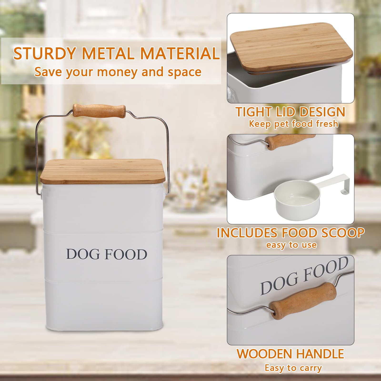 Premium Dog Food Storage Container with Wooden Lid & Scoop - Airtight Carbon Steel Pet Food Bin for Freshness - Ideal for Dry Kibble, Treats & Bulk Storage - Perfect for Home, Travel & Outdoor Use