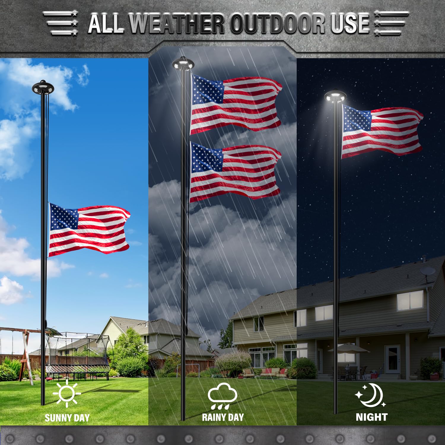 25 FT Heavy Duty Aluminum Flag Pole Kit with Solar Light - 12 Gauge In-Ground Flagpole with 128 LEDs & Embroidered American Flag - Weather-Resistant for Residential & Commercial Use - Perfect for Front Yard, Garden, and Patriotic Displays