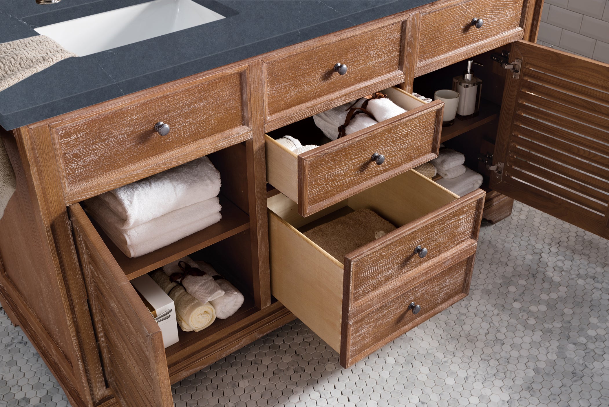Savannah 60 Inch Double Vanity Bathroom Cabinet in Driftwood Finish with 3CM Charcoal Soapstone Quartz Countertop - Perfect for Master Bathroom, Guest Bath, or Luxury Home Renovation
