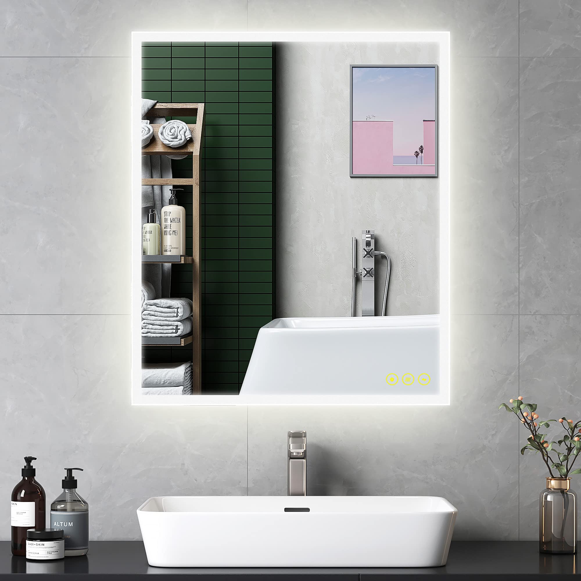 OKISS 36x48 Inch Dimmable LED Bathroom Vanity Mirror - Anti-Fog Wall Mount Makeup Mirror with Lights, Horizontal/Vertical Rectangle Mirror for Bathroom, Hotel, Office & Bar - Perfect for Grooming, Makeup Application and Home Decor
