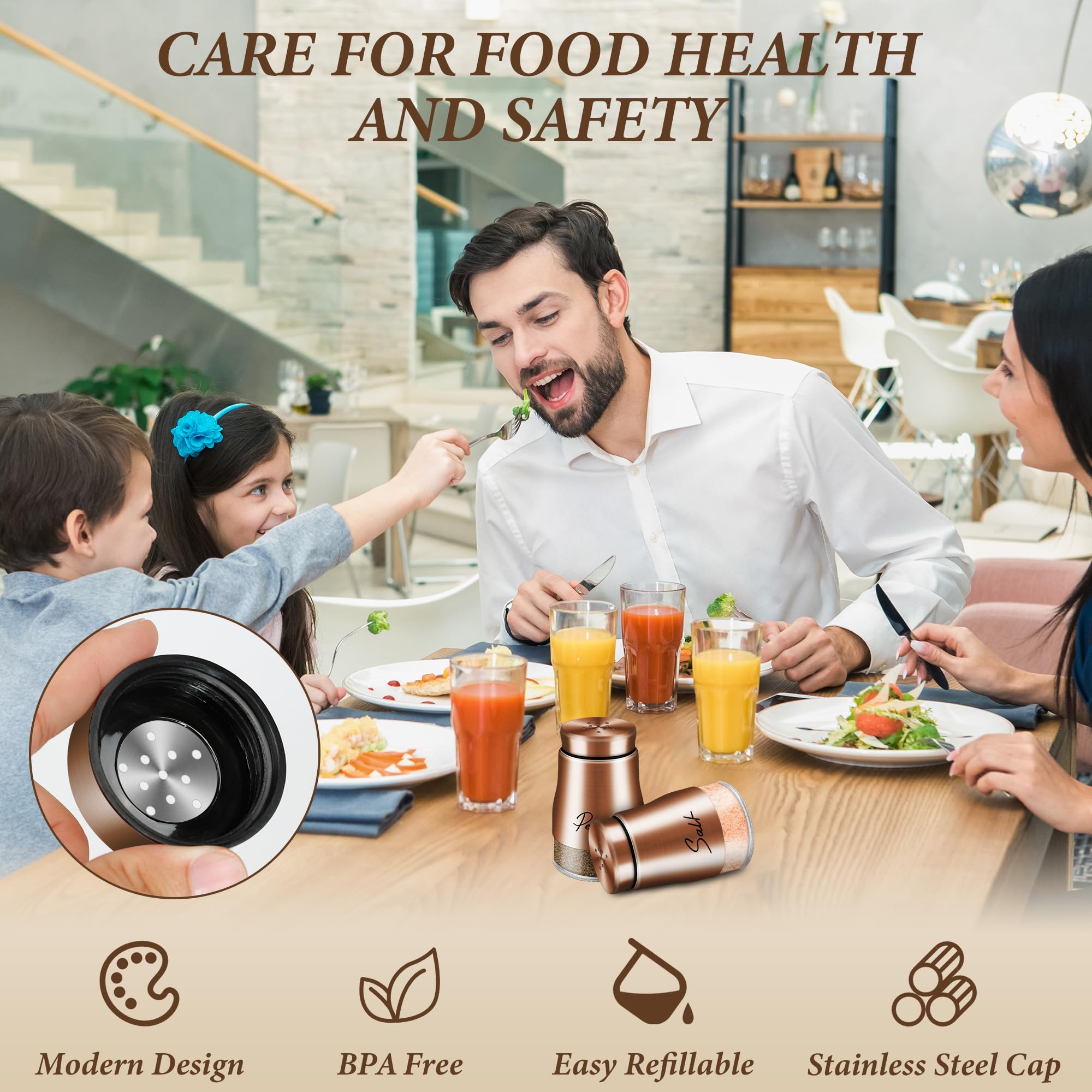 Premium Copper Salt and Pepper Shakers Set - 5 oz Glass Bottoms with Stainless Steel Lids - Modern Farmhouse Kitchen Decor - Perfect for Restaurants, Weddings & Housewarming Gifts (Copper) - Ideal for Dining Tables, Kitchen Countertops & Gift Giving