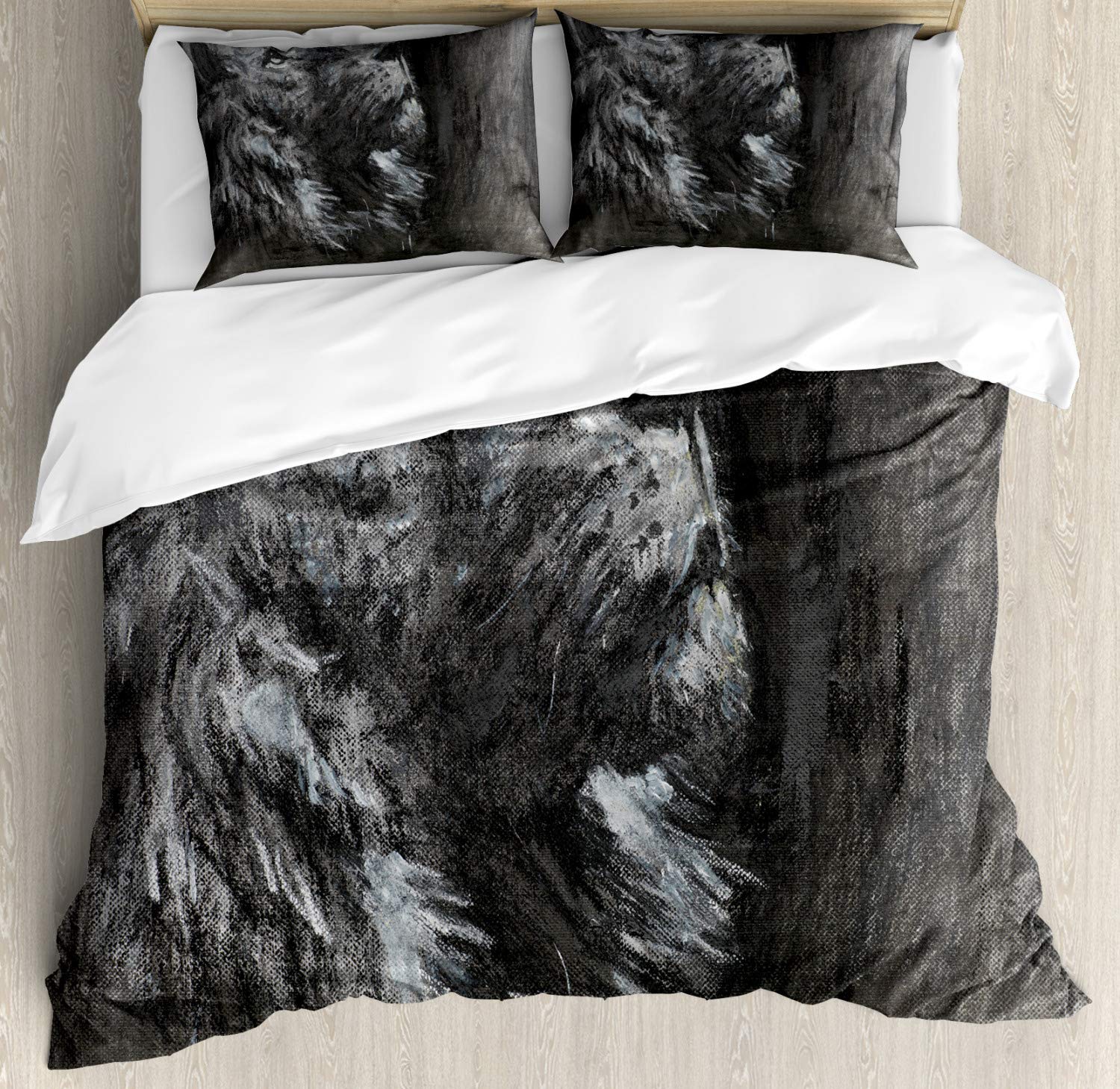 Ambesonne Charcoal Duvet Cover Set - Hand Drawn Lion Side View Pastel Design, 3 Piece Queen Size Bedding with 2 Pillow Shams, Charcoal Grey & White - Perfect for Modern Bedroom Decor & Wildlife Theme Interiors
