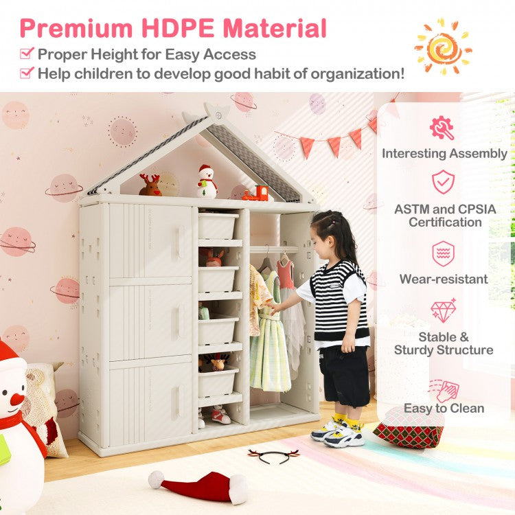 Kids Costume Storage Closet with Bins, Shelves & Side Baskets - White Organizer for Children's Bedroom & Playroom | Perfect for Toy Storage, Dress-Up Clothes & Room Organization