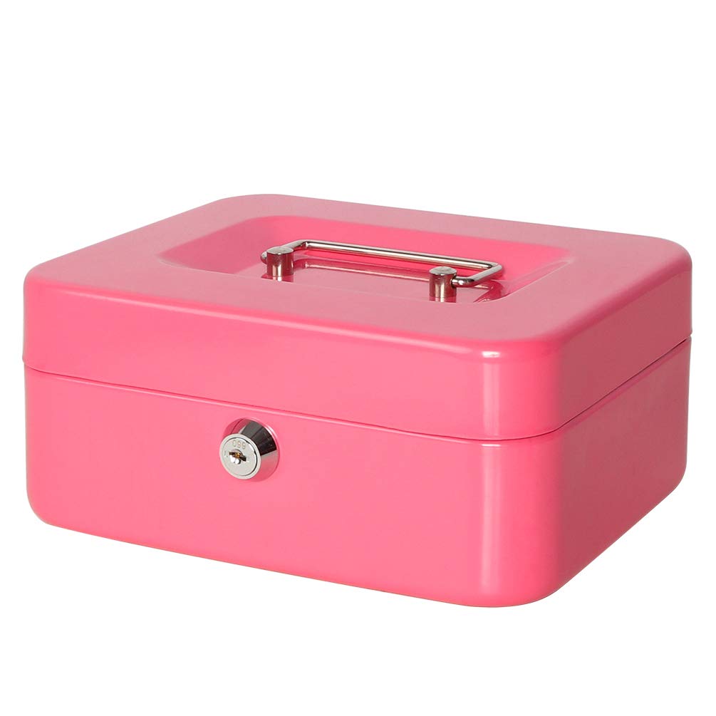 Durable Metal Cash Box with Key Lock & Money Tray - Secure Pink Cash Box for Small Business, Home Office, Retail Store (Model CB0104M) - Perfect for Cash Storage, Coin Organization & Money Management