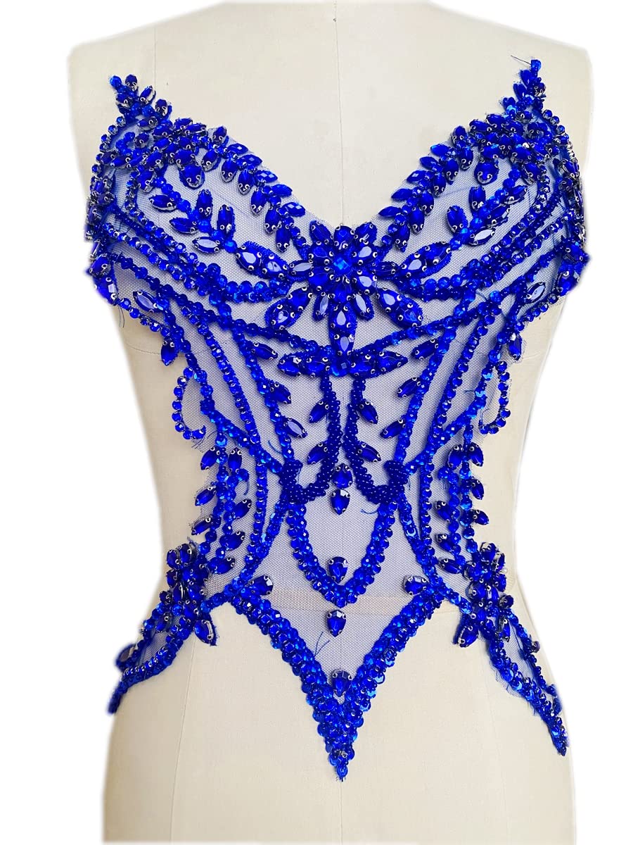 Handmade Rhinestone Lace Applique Sew-on Beads Sequins Trim Patches - Blue Dress Embellishments for Girls Clothing | DIY Fashion Accessories for Dresses, Skirts & Costumes