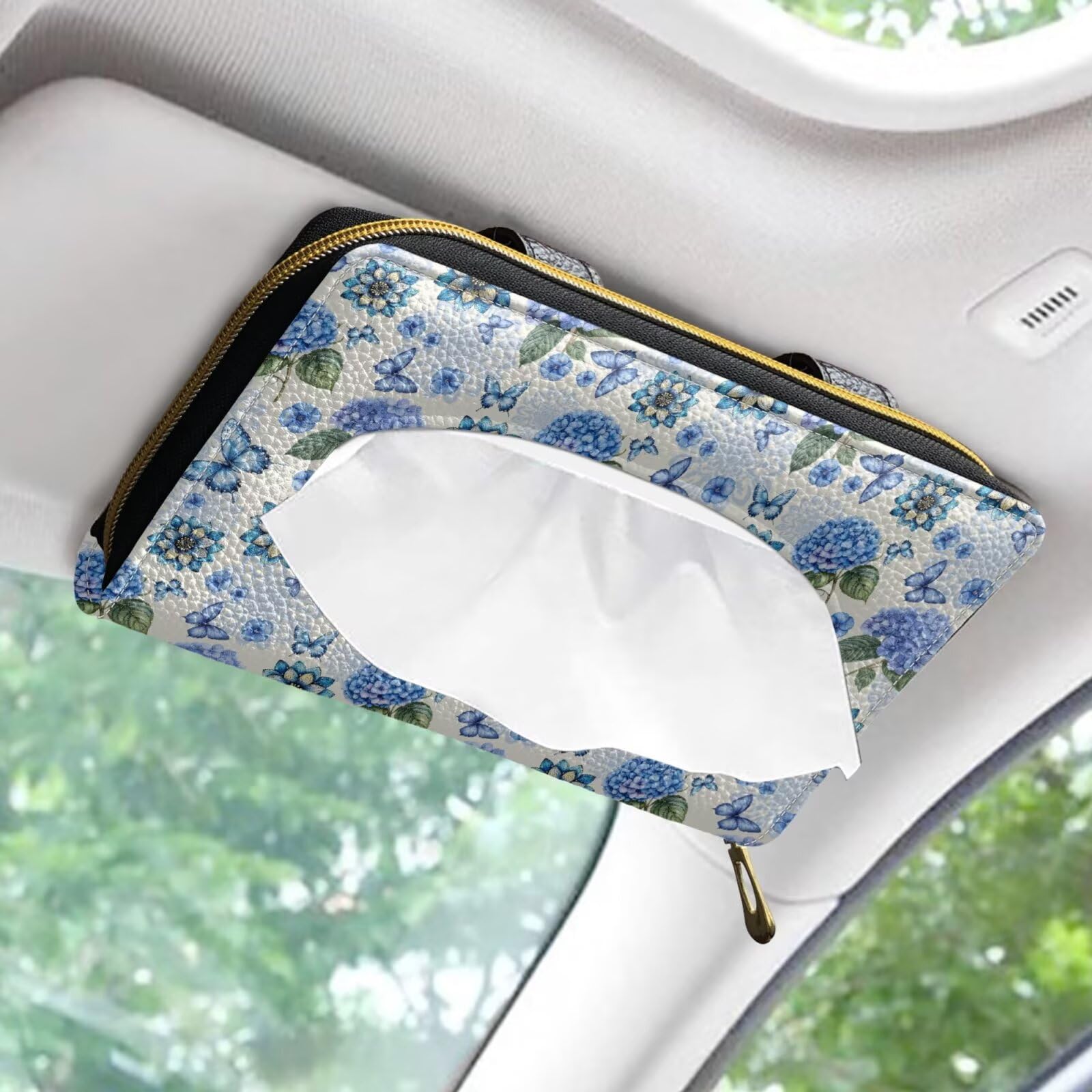 Blue Butterfly Mandala Hydrangea Floral Car Tissue Holder - PU Leather Sun Visor Napkin Organizer for Backseat | Car Accessories for Women, Travel & Road Trips