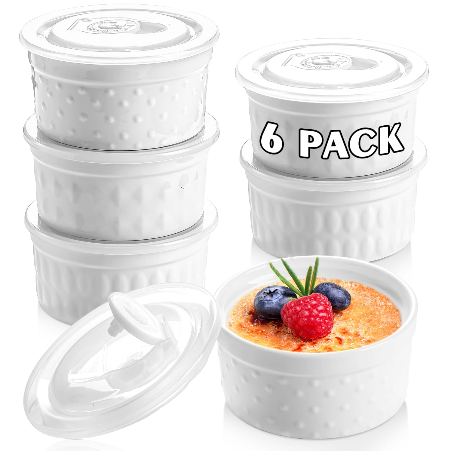 LAERJIN 8 oz Porcelain Ramekins with Lids - Set of 6 Oven Safe Custard Cups for Baking, Desserts, Pudding & Ice Cream | Stackable Ceramic Bowls for Serving Dips, Soufflés & Party Appetizers | Dishwasher & Microwave Safe Kitchenware