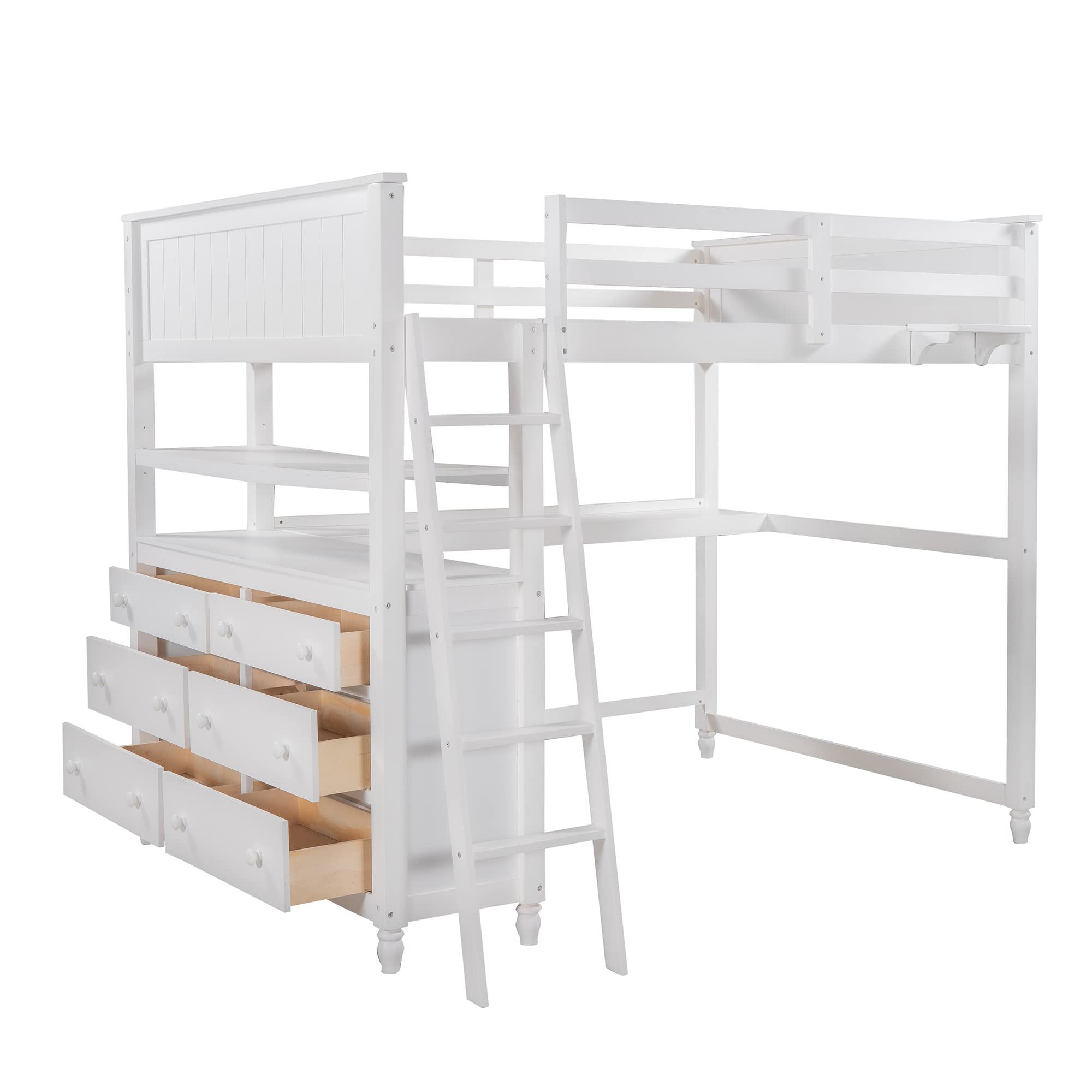 Full Size Loft Bed with 6 Drawers & Built-in Desk - Sturdy Wooden Bunk Bed Frame with Shelves, Full-Length Guardrail - No Box Spring Needed - Perfect for Small Rooms, Dorms & Apartments (White)