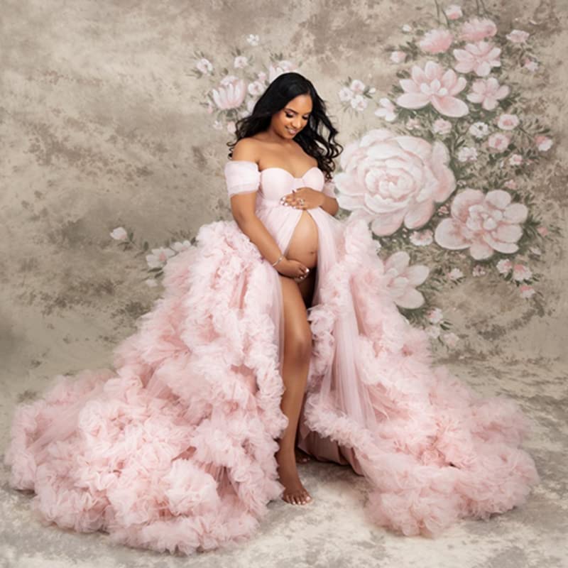 Elegant Women's Tulle Maternity Gown - Sheer Ruffled Babyshower & Bridal Photoshoot Dress, Lingerie & Bathrobe for Pregnancy Photos, Maternity Shoot & Special Occasions
