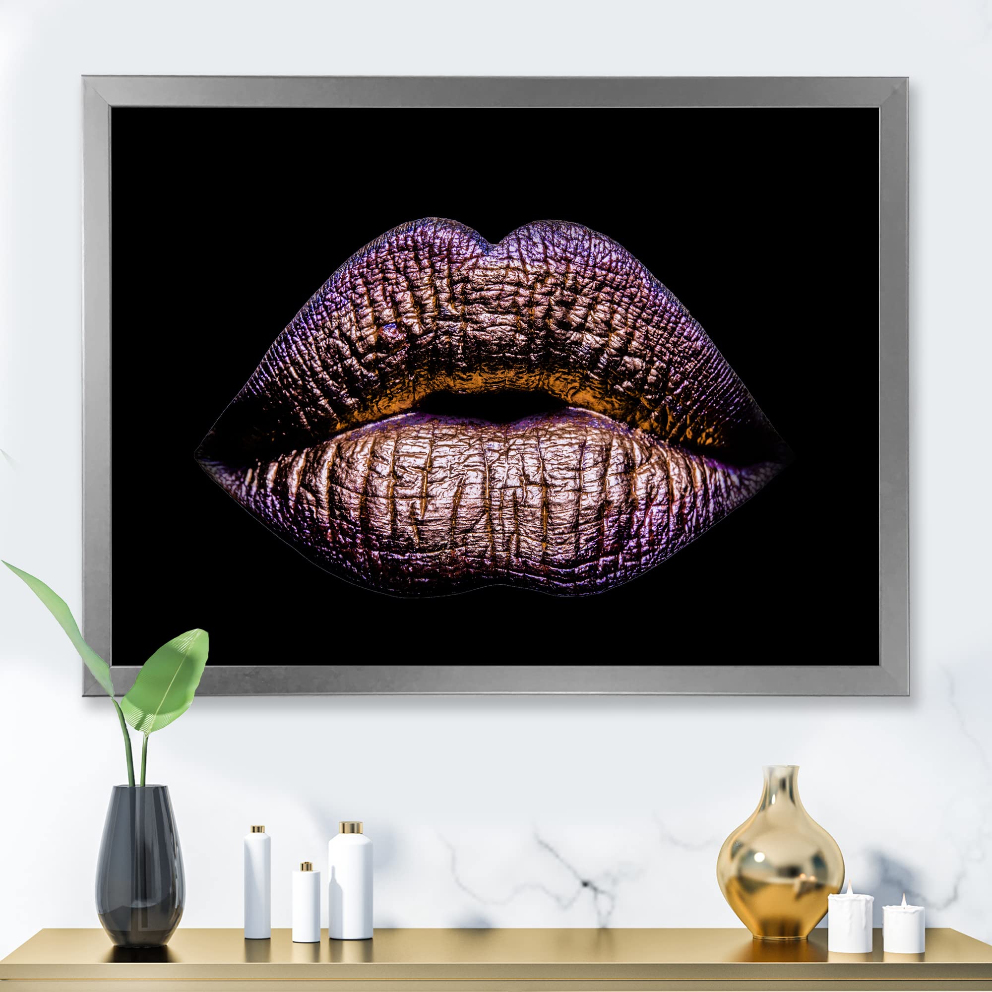 Golden Metallic Lips Wall Art - Modern Framed Female Lips Decor for Living Room, Bedroom & Office - Elegant Home Decor Gift Idea