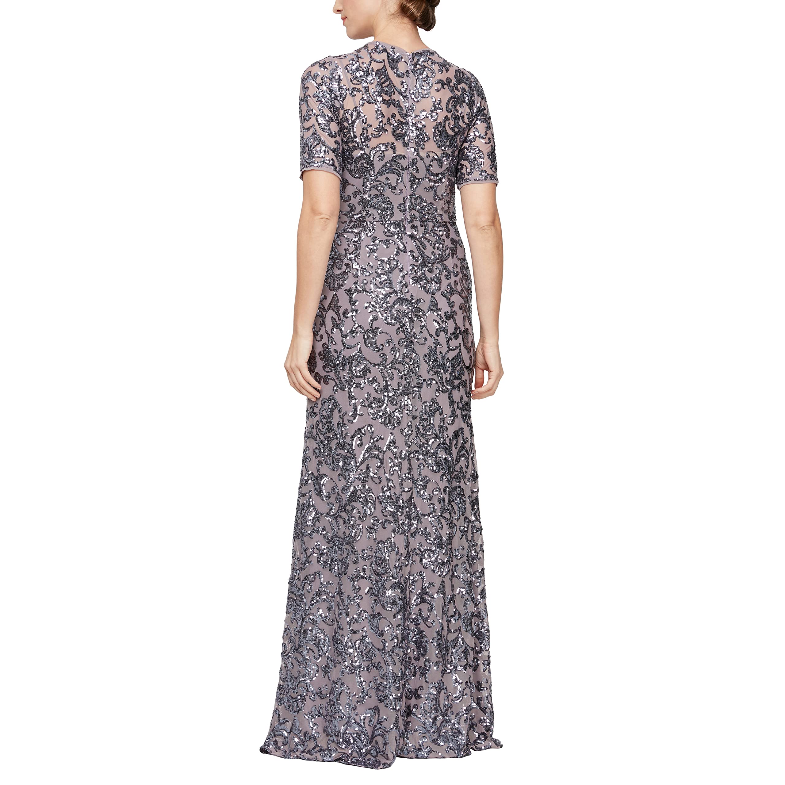 Alex Evenings Women's Long A-Line Sequin Lace V-Neck Formal Dress - Mother of The Bride Gown, Wedding Guest Dress, Cocktail Party Evening Gown with Short Sleeves for Special Occasions & Black Tie Events
