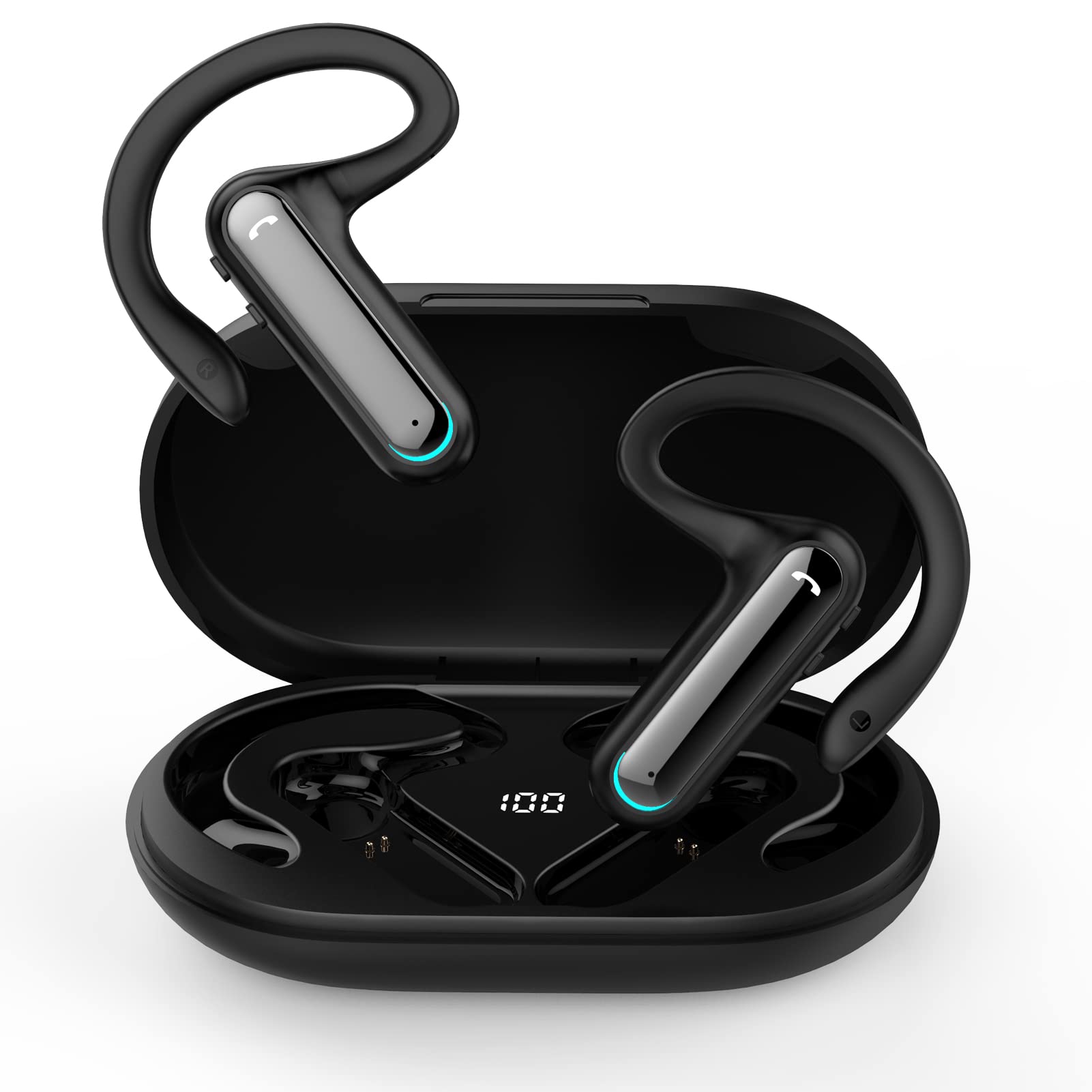 Open Ear Headphones True Wireless Earbuds with Earhooks & Charging Case, Bluetooth 5.2 Sport Earbuds IPX7 Waterproof, Built-in Mic for Running, Walking, Workout - Perfect for Gym, Cycling & Outdoor Activities