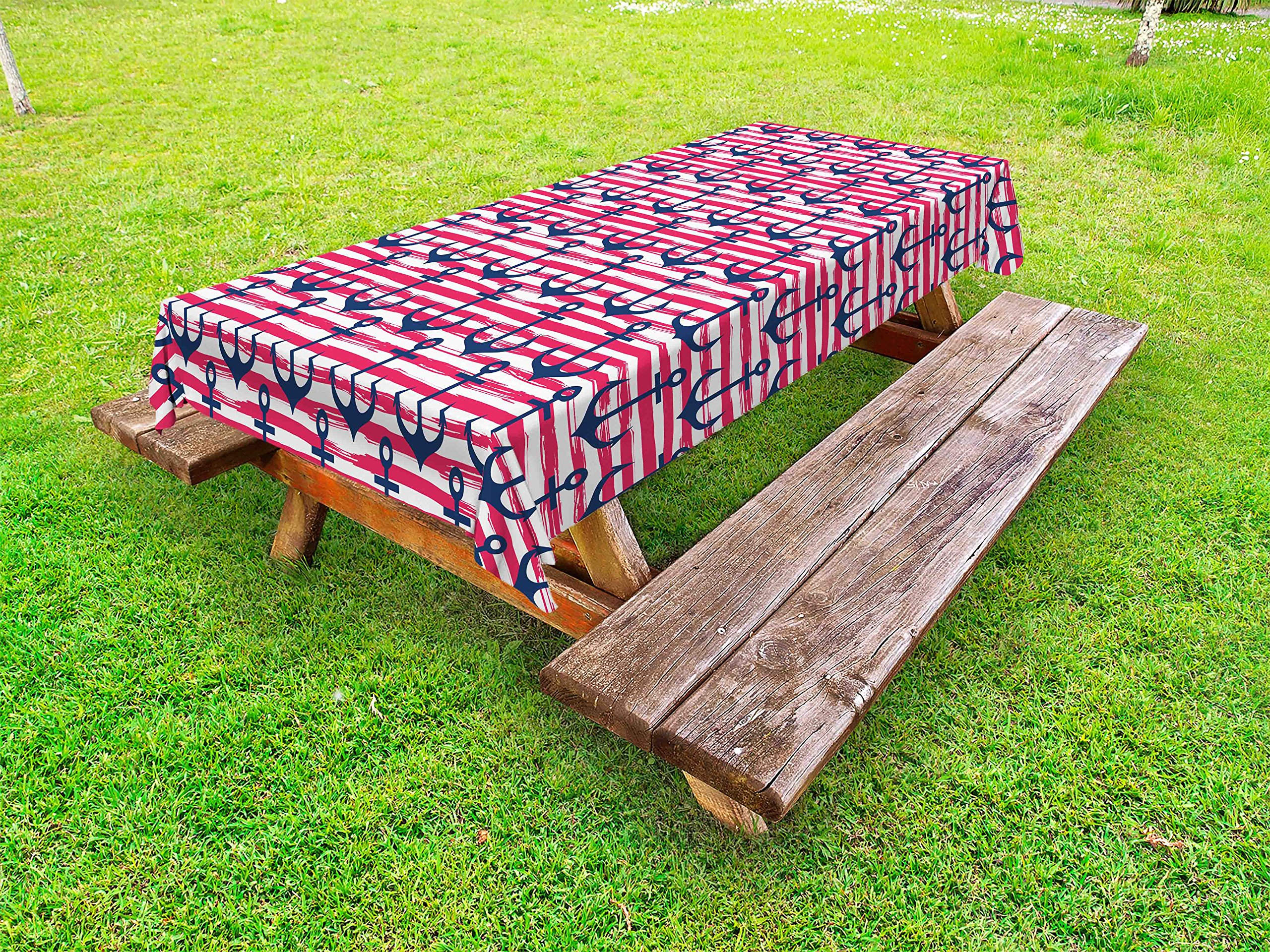 Ambesonne Waterproof Outdoor Tablecloth - Blue Anchor Stripes Marine Design, Washable Picnic Table Cover 58x120 Inches - Perfect for Beach Parties, BBQs, and Garden Dining (Dark Blue, Magenta, White)