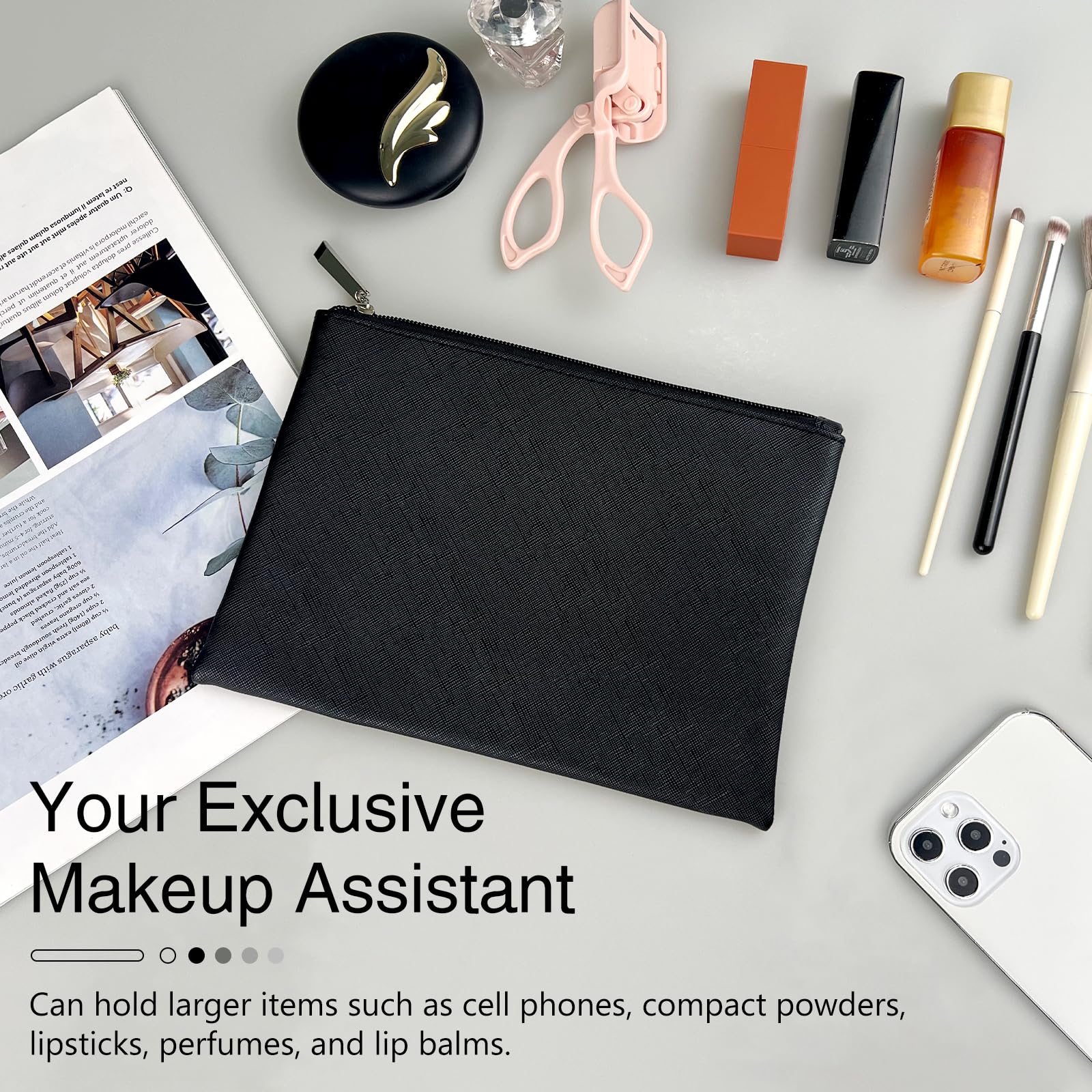 Compact Vegan Leather Makeup Bag for Travel | Small Zippered Cosmetic Pouch for Women | Black | Perfect for On-the-Go Essentials & Airplane Carry-On