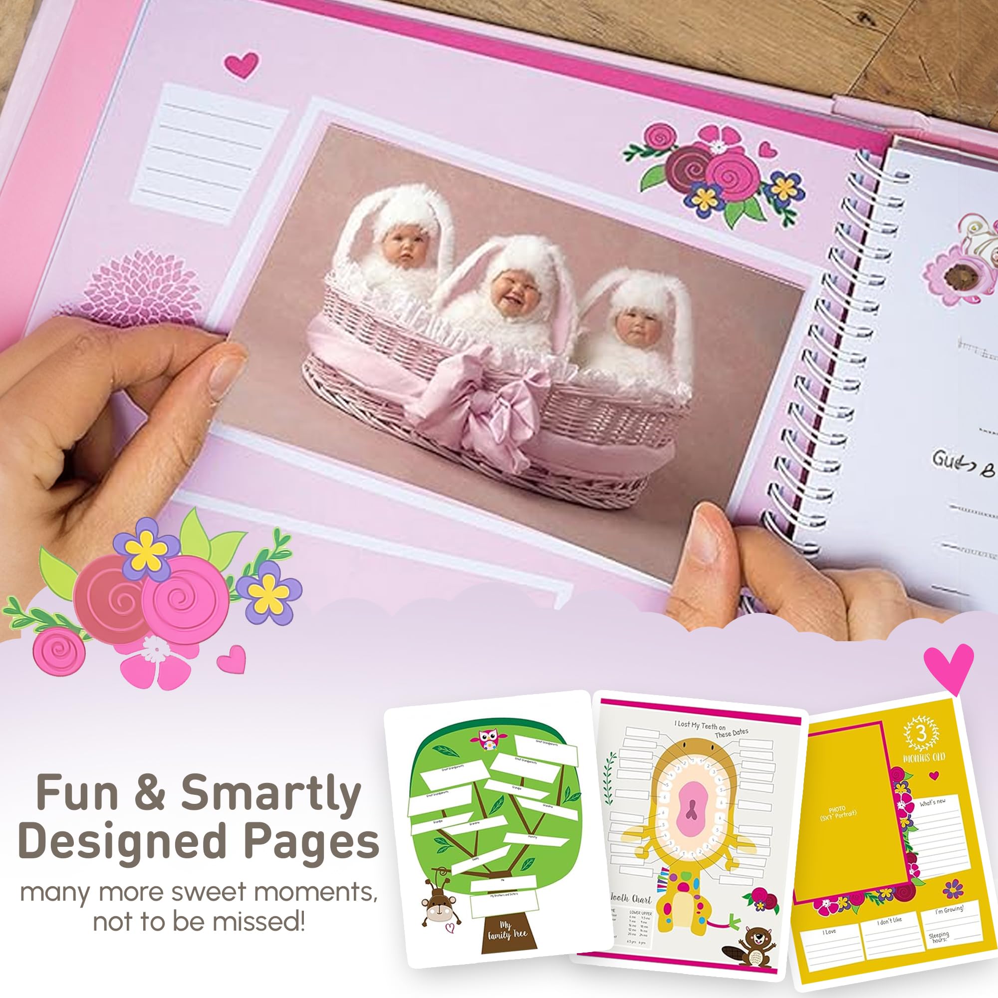 Ronica Baby Girl Memory Book - Easy-to-Use Photo Album & Scrapbook for New Parents | Record Milestones, First Photos & Special Moments | Perfect Baby Shower Gift & First Year Keepsake
