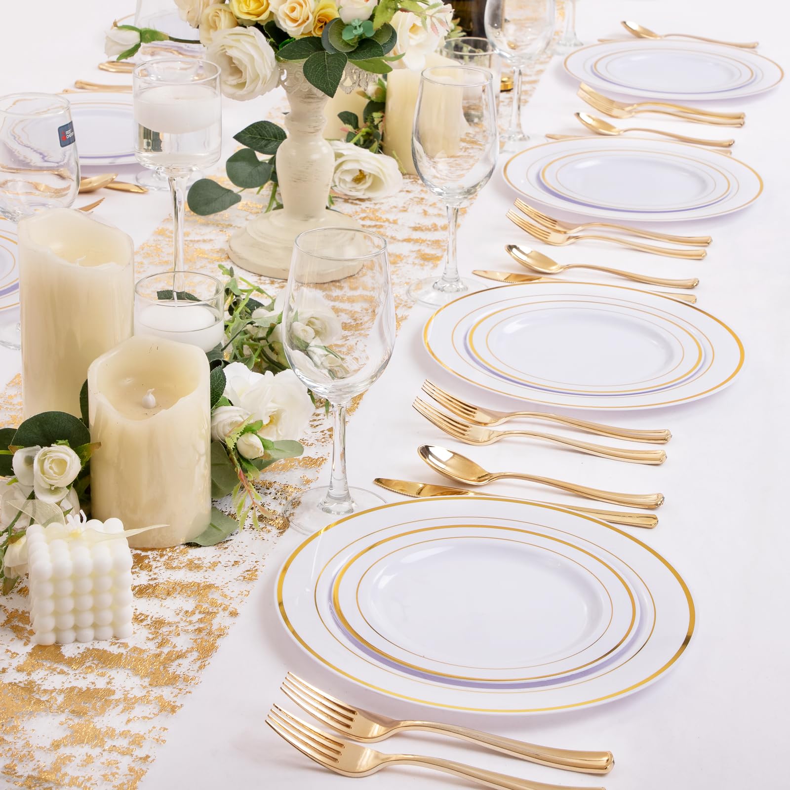 DaYammi 250-Piece Gold Plastic Dinnerware Set - 50 Gold Rim Dinner Plates, 50 Salad Plates, 50 Plastic Silverware Sets - Elegant Disposable Tableware for Weddings, Parties, Banquets & Special Events