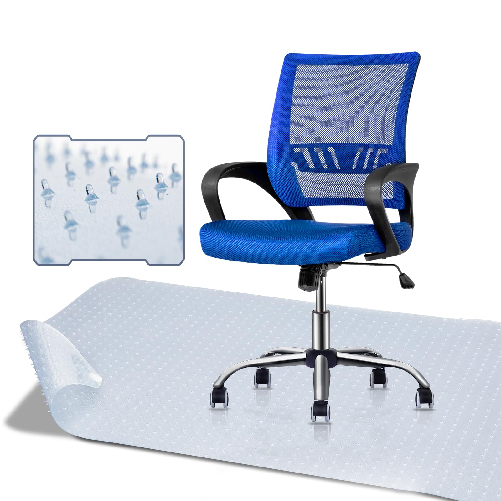 Ergonomic Mesh Office Chair with Wheels & Armrest - Adjustable Swivel Computer Chair + Non-Slip Rectangular Chair Mat for Home & Office Workspace - Perfect for Long Hours of Sitting, Gaming, and Remote Work