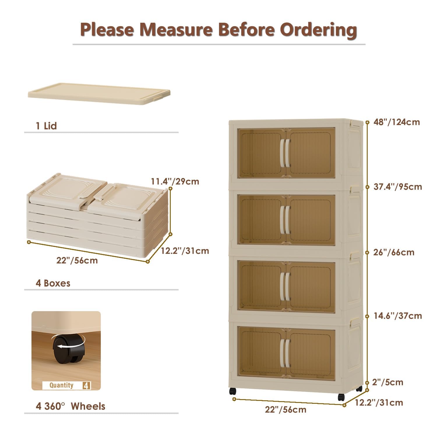 Wookon 213-Quart Rolling Storage Bins with Magnetic Lids - 4-Tier Plastic Organizer for Closet, Home & Office - Beige Collapsible Storage Containers with Dual Openings | Perfect for Organizing Clothes, Toys, and Household Items