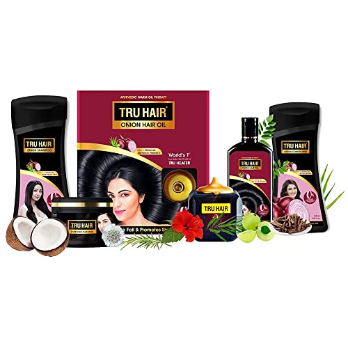 Tru Hair Onion Hair Oil with Free Heater (110 ml) + Onion Shampoo & Conditioner + Hair Mask Set - For Hair Growth, Dandruff Control, Premature Greying & Split Ends Repair - Paraben Free, Silicone Free & LLP Free Hair Care Kit - Perfect for Daily Use, Salon Treatment & Home Hair Spa