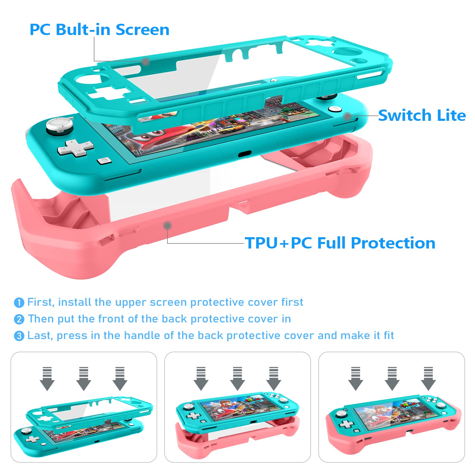 Voakod Compatible Nintendo Switch Lite Screen Protector & Protective Case with Hand Grip - Shockproof Anti-Scratch Cover for Switch Lite (Turquoise Coral) - Perfect for Gaming On-The-Go & Travel Protection