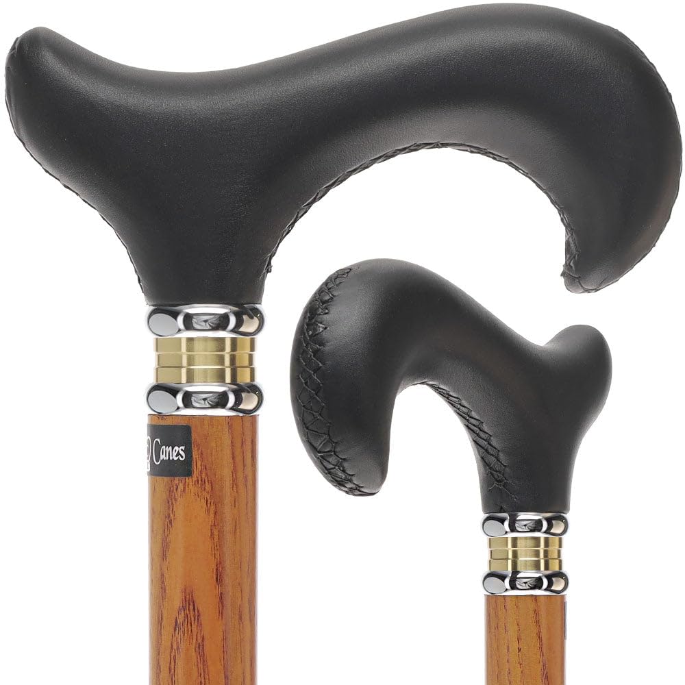 Premium Black Leather Wrapped Derby Walking Cane - Lightweight & Durable Leather Shaft with Two-Tone Collar - Fashionable Mobility Aid for Men & Women - Perfect Gift for Seniors, Hikers & Travelers - Ideal for Daily Use, Outdoor Adventures & Recovery Support