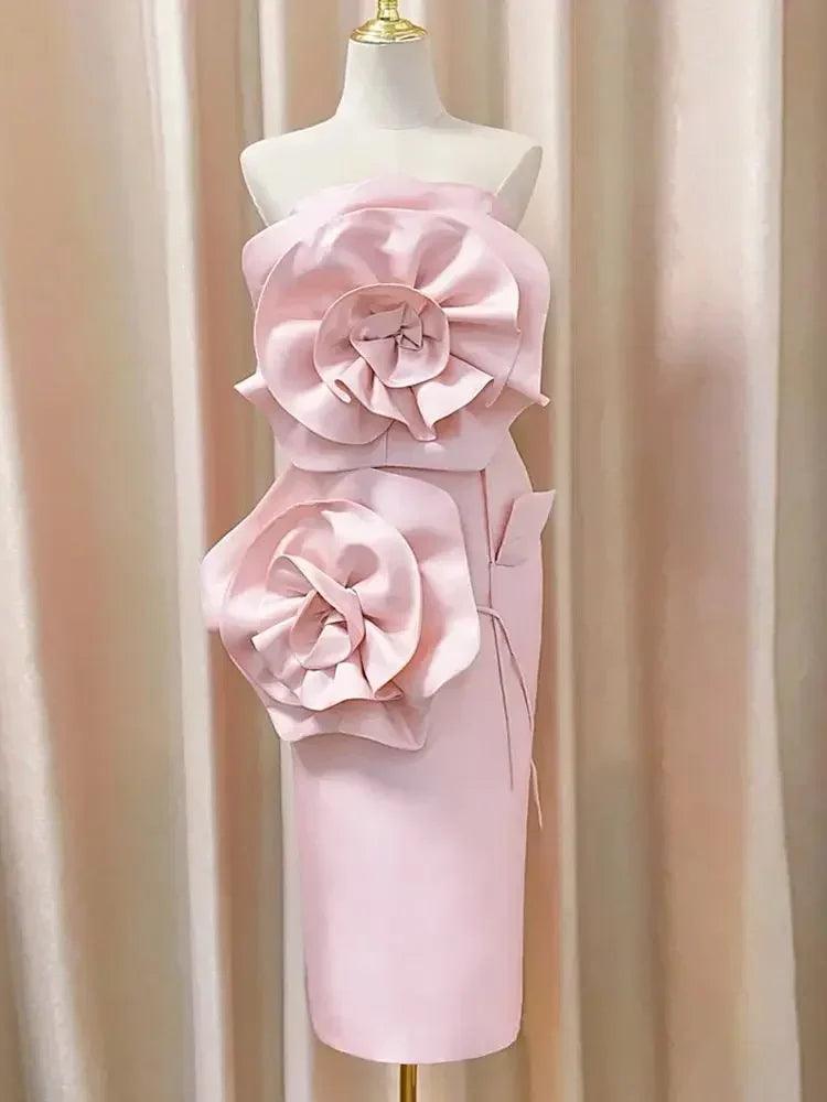 Elegant Pink & White Strapless Midi Dress for Women - Sexy Tight Fit with 3D Flower Details | Celebrity Party Dress for Summer 2024 | Perfect for Cocktail Parties, Weddings & Date Nights