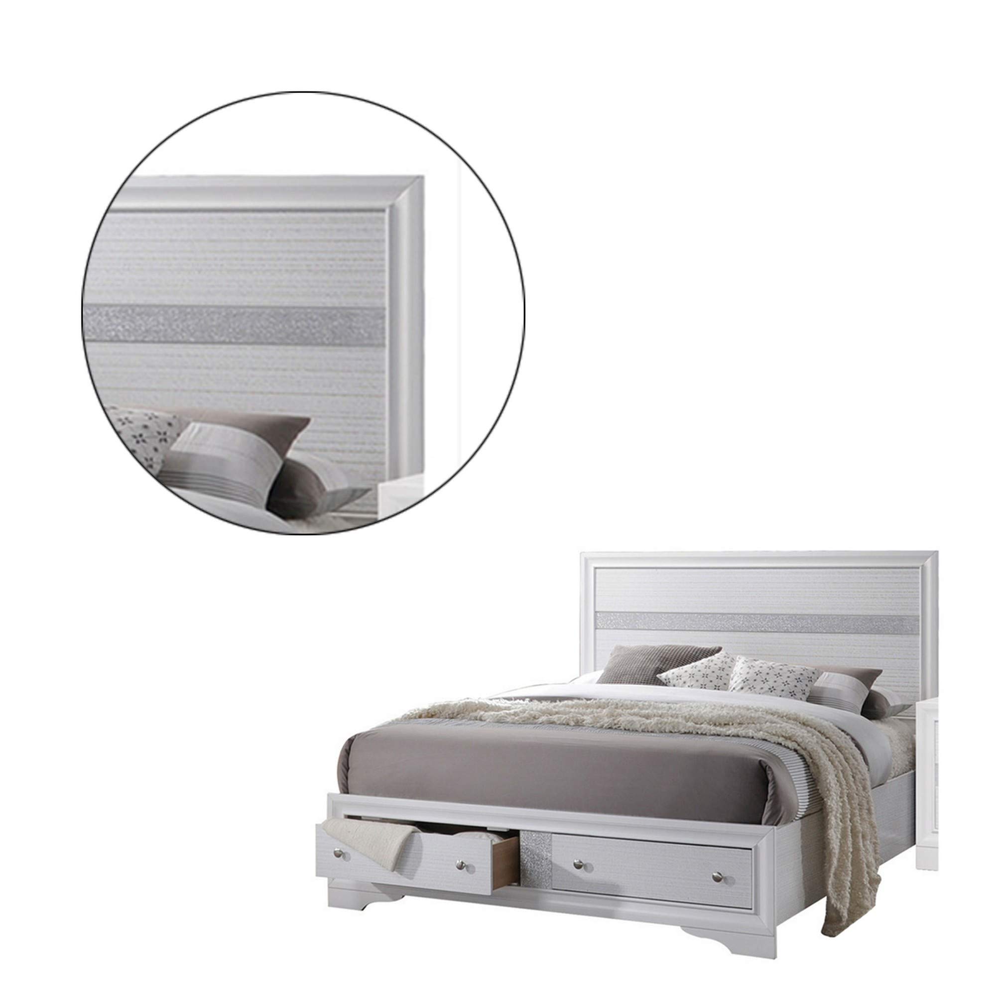 Benjara 2 Drawer Wooden Eastern King Size Bed Frame with Panel Headboard, White - Modern Bedroom Furniture for Master Suite & Guest Room