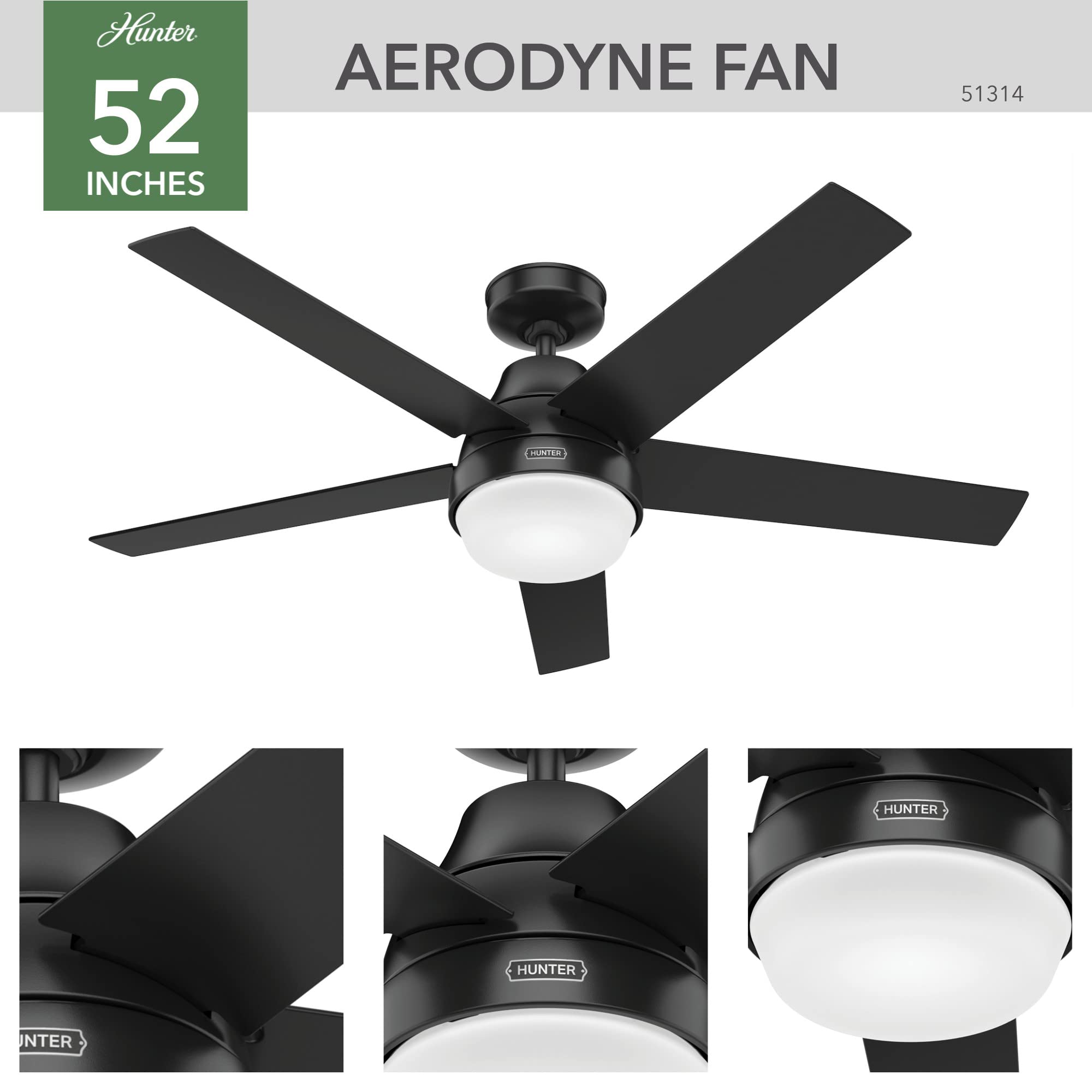 Hunter Aerodyne 52 Inch Ceiling Fan with LED Light and Remote Control, Matte Black Finish - Perfect for Living Room, Bedroom, and Outdoor Patio Cooling