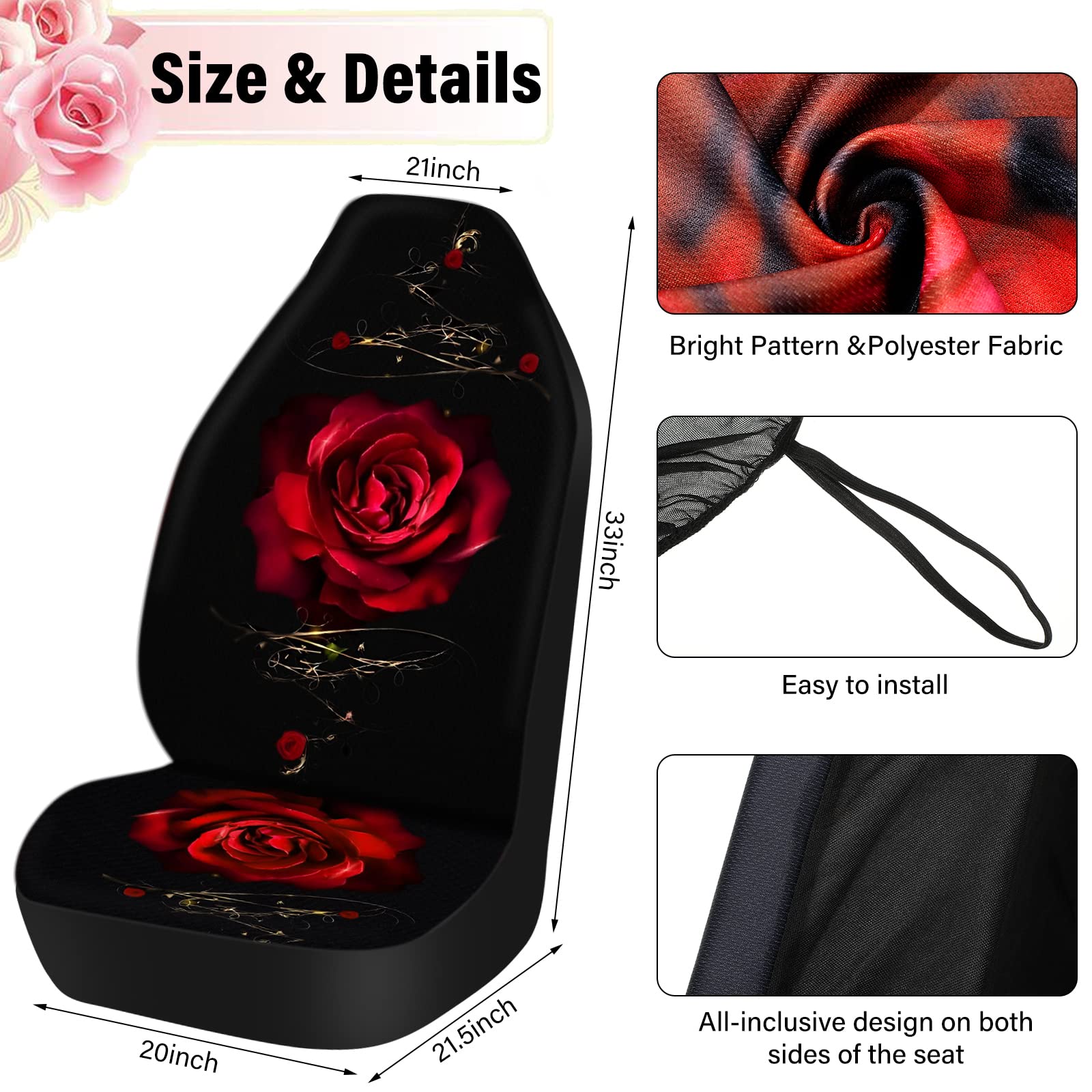 15-Piece Rose Flower Car Seat Cover Set for Women - Universal Fit with Steering Wheel & Armrest Covers - Premium Polyester Fabric (Red) - Perfect for Daily Commute, Road Trips & Car Interior Decoration