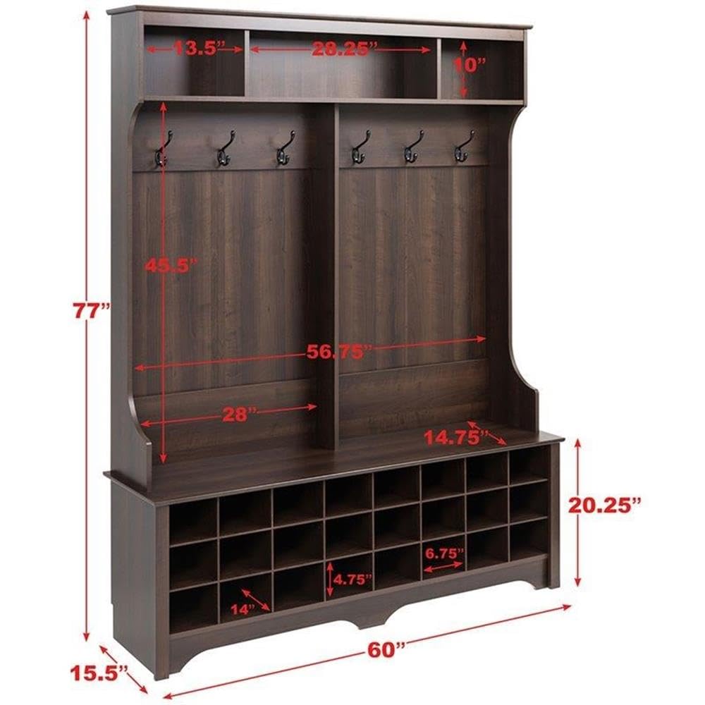 Prepac Brown Hall Tree Entryway Storage Cabinet - 24 Shoe Cubbies & 6 Double Coat Hooks - 15.5
