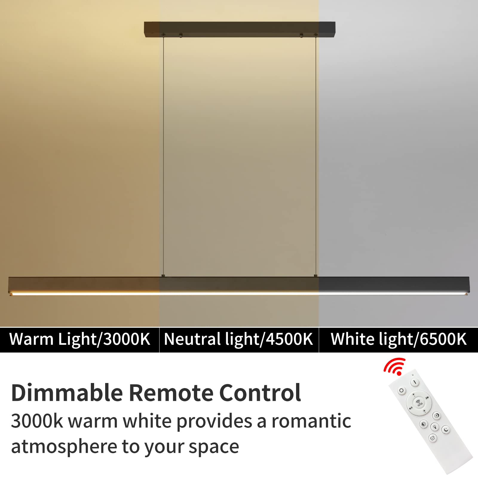 Mikeru 100CM Modern Linear LED Pendant Light - Dimmable Kitchen Island Lighting with Remote Control (3000K/4500K/6500K) for Dining Room, Pool Table & Home Decor | Energy Efficient Hanging Light Fixture for Modern Interiors