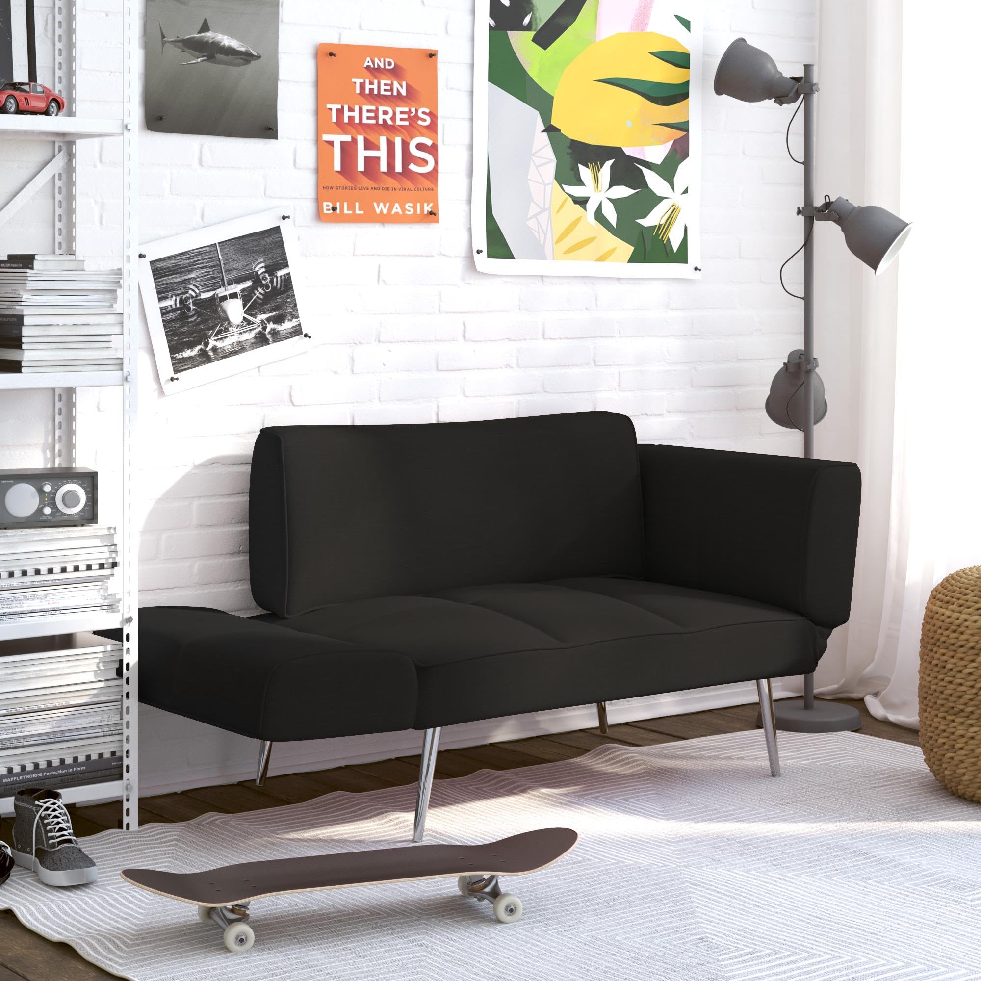 DHP Euro 60 Inch Futon Sofa Bed - Convertible Upholstered Couch Sleeper with Fold-Down Arms & Storage Pocket for Small Spaces, Black | Perfect for Studio Apartments, Guest Rooms & Home Offices