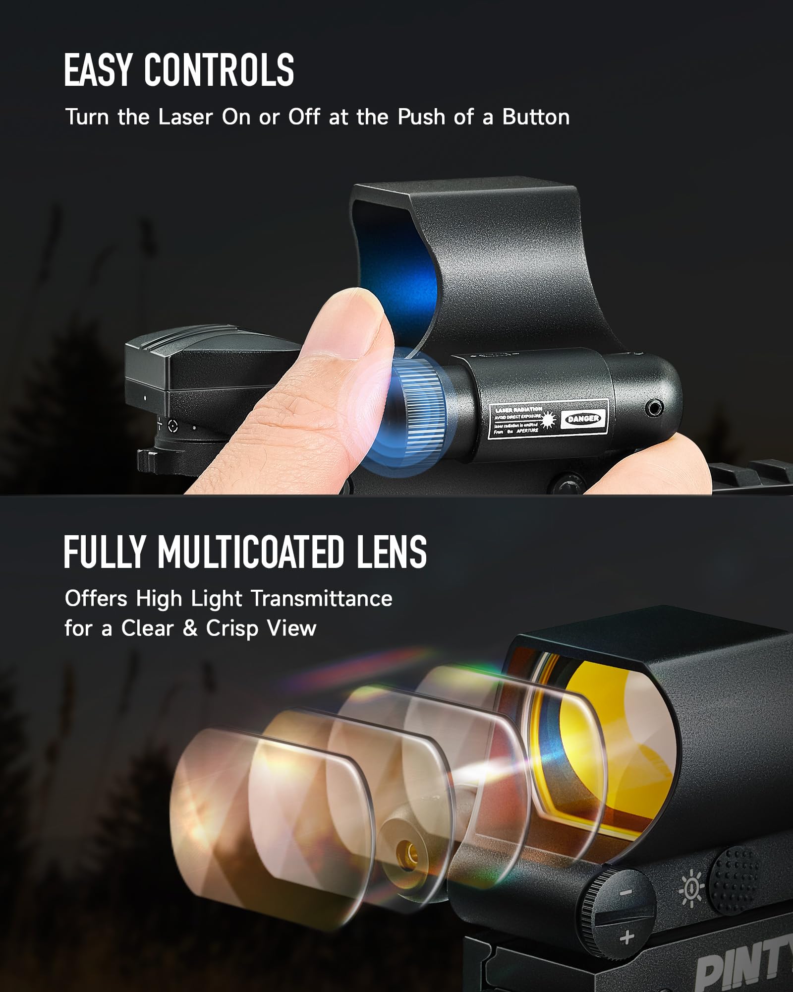 PINTY Reflex Sight Red Laser Combo - 3 MOA Red Dot Sight with Integrated Laser, 4 Reticle Patterns & 5 Brightness Levels for 20mm Picatinny/Weaver Rails - Tactical Optics for Rifle, Pistol, Airsoft - Perfect for Hunting, Target Shooting & Tactical Training