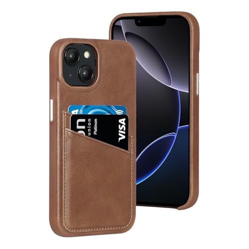 Genuine Leather Wallet Case for iPhone 13 with Card Holder - Shockproof Protective Phone Purse for Women & Men - Dark Brown Metal Button Bumper Cover - Perfect for Everyday Use, Travel & Business Meetings