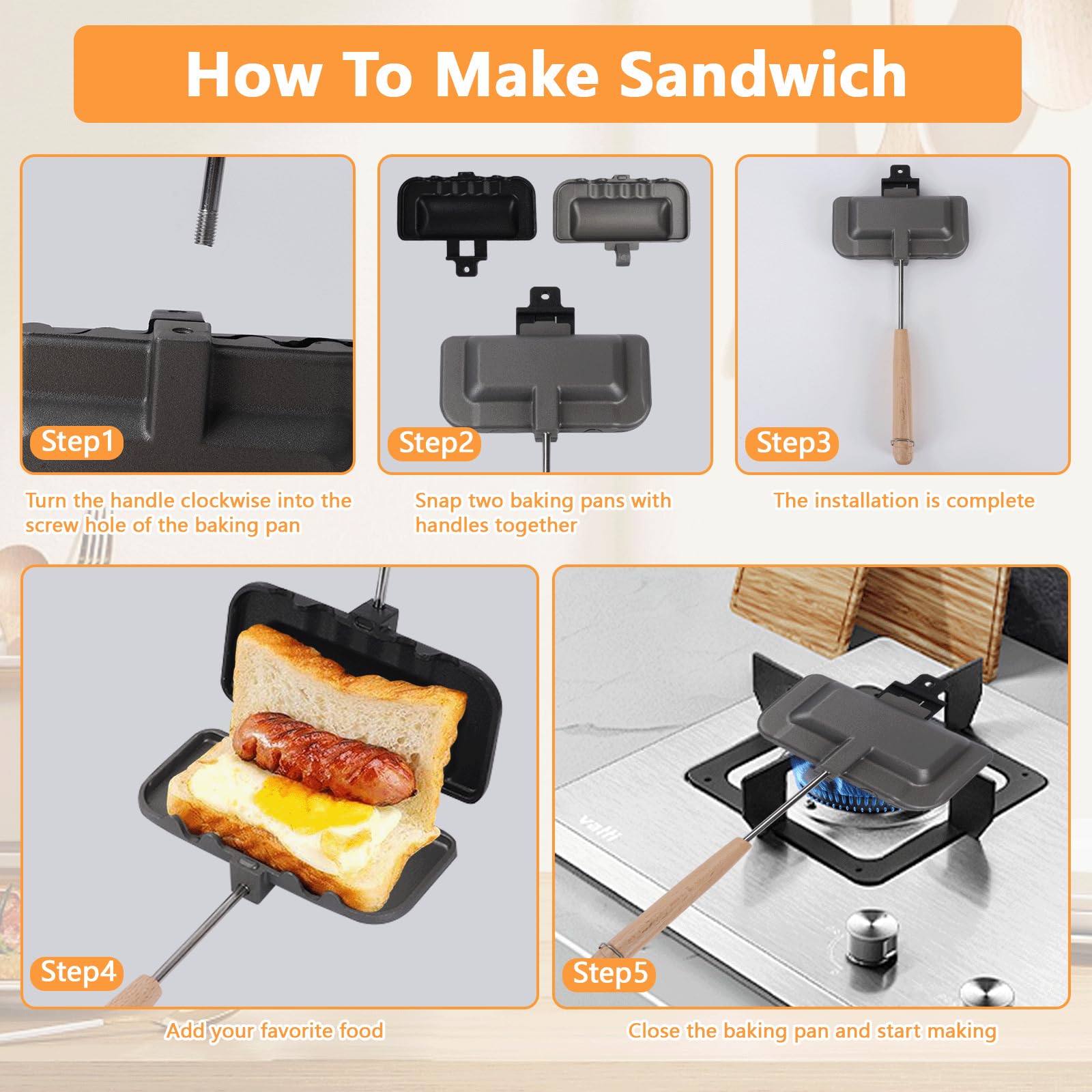 Non-Stick Removable Double-Sided Gas Sandwich Toaster - Portable Handheld Grill Cheese Maker for Camping, Breakfast & Picnics - Perfect for Toasted Sandwiches, Pancakes, Omelets and Frittatas - Ideal for Outdoor Cooking, RV Trips and Home Use