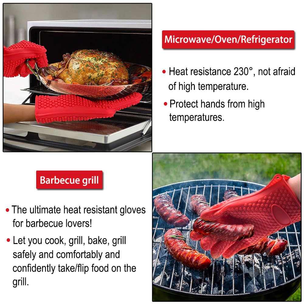 AKOAK Heat Resistant Silicone BBQ Gloves for Grilling, Cooking, Baking & Oven Use - Waterproof, Non-Slip Kitchen Gloves for Safe Handling of Hot Pots, Pans & Food (Red, Pack of 1) - Perfect for Outdoor BBQ, Camping & Home Kitchen Safety