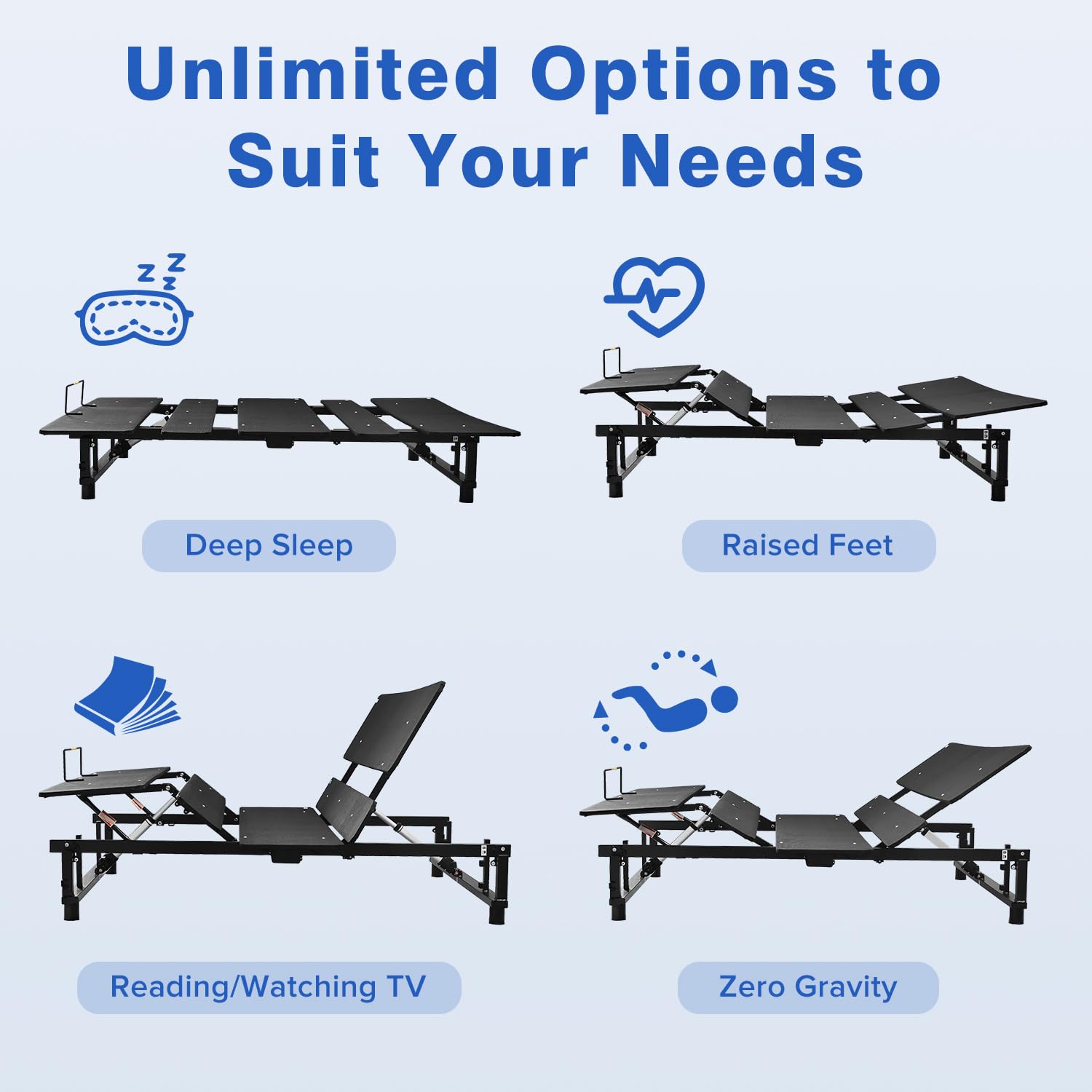 Queen Size Adjustable Bed Frame with Wireless Remote - Zero Gravity, Head & Foot Incline, Quiet Motor - Black | Perfect for Back Pain Relief & Home Theater Comfort