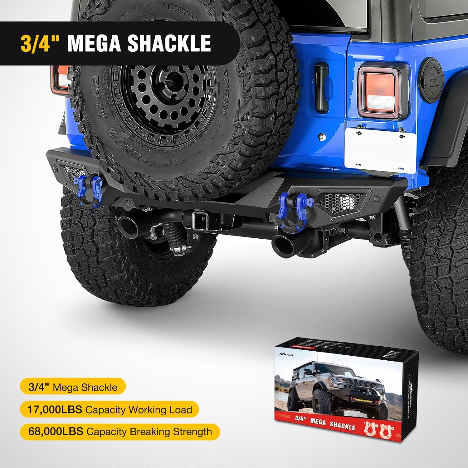 3/4 Inch Mega D Ring Shackle with 7/8 Inch Screw Pin - 68,000 lbs Capacity - Heavy Duty Blue Pair - Perfect for Off-Road, Towing, Marine & Industrial Applications