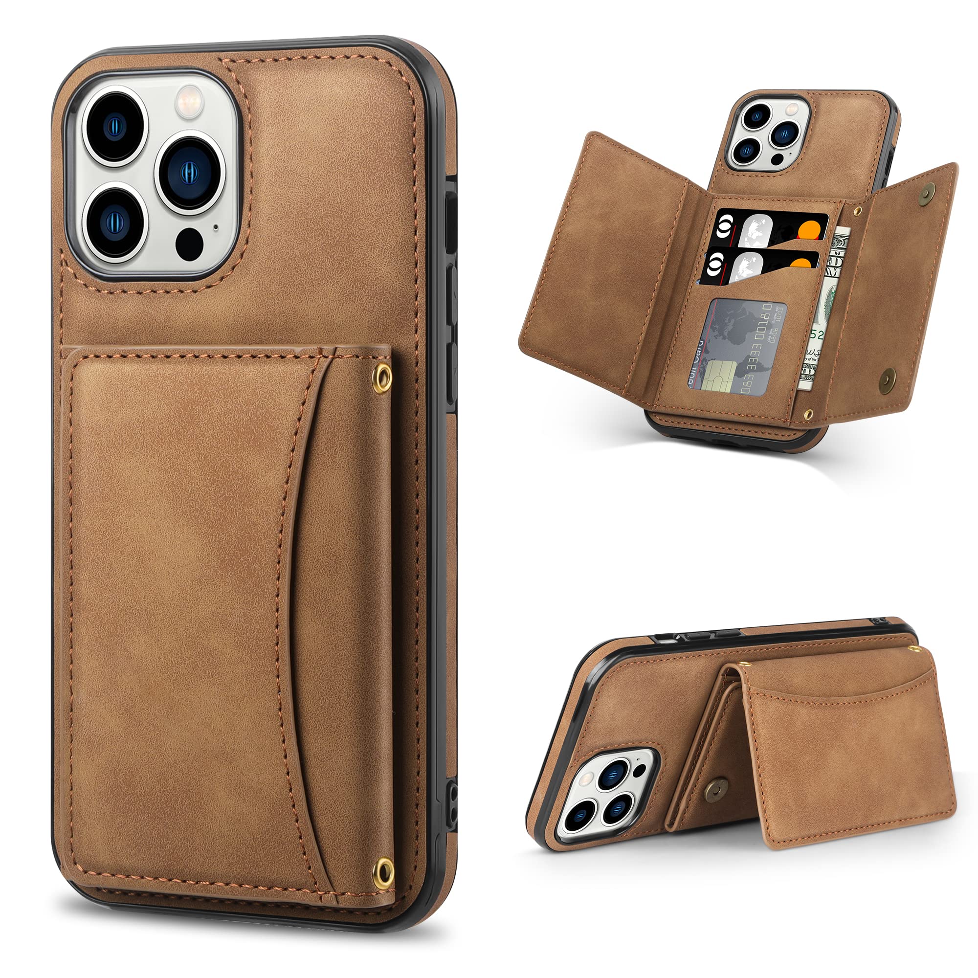 HianDier iPhone 13 Pro Max 6.7-inch Wallet Case with Credit Card Holder & Magnetic Closure - PU Leather Shockproof Protective Phone Cover with Kickstand & Folding Design, Brown - Perfect for Business, Travel and Everyday Use